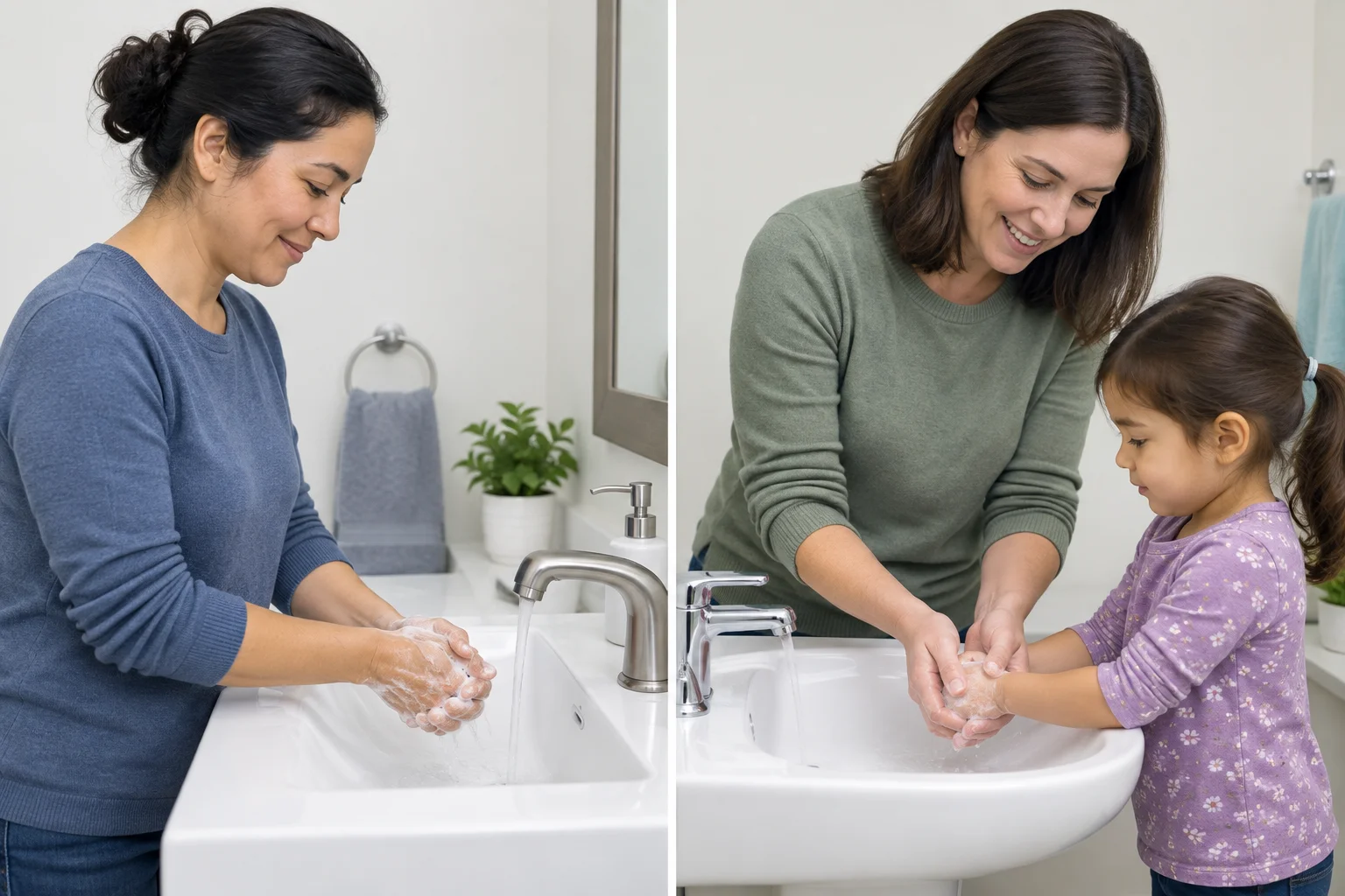Comparação entre uma pessoa lavando as próprias mãos e uma pessoa lavando as mãos de outra pessoa.