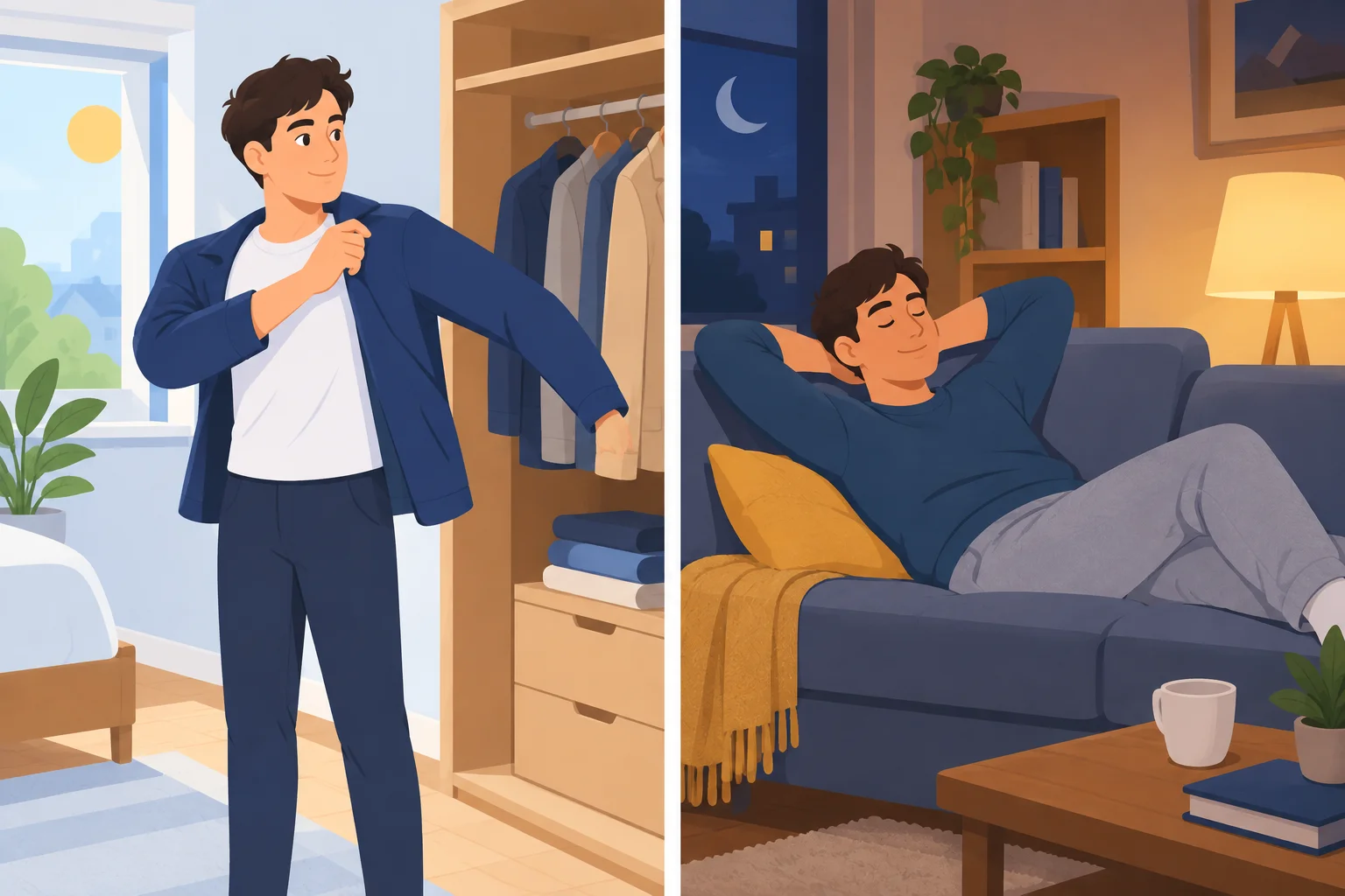 Comparação entre uma pessoa se vestindo de manhã e descansando à noite.