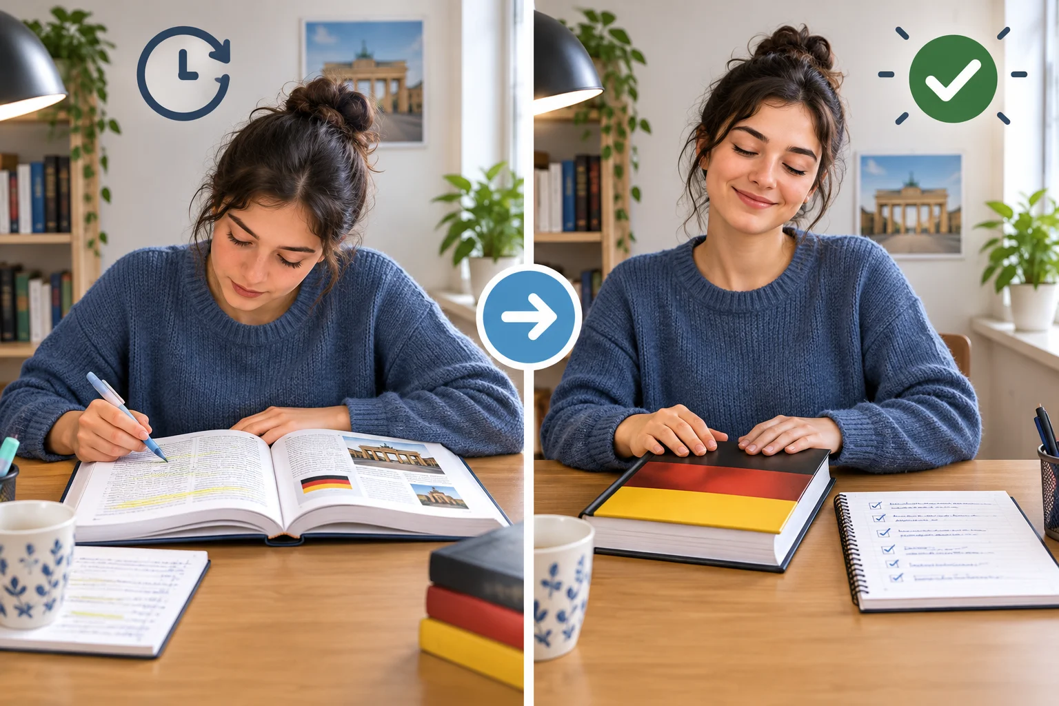 Comparação entre uma pessoa estudando e a mesma pessoa após terminar de estudar.