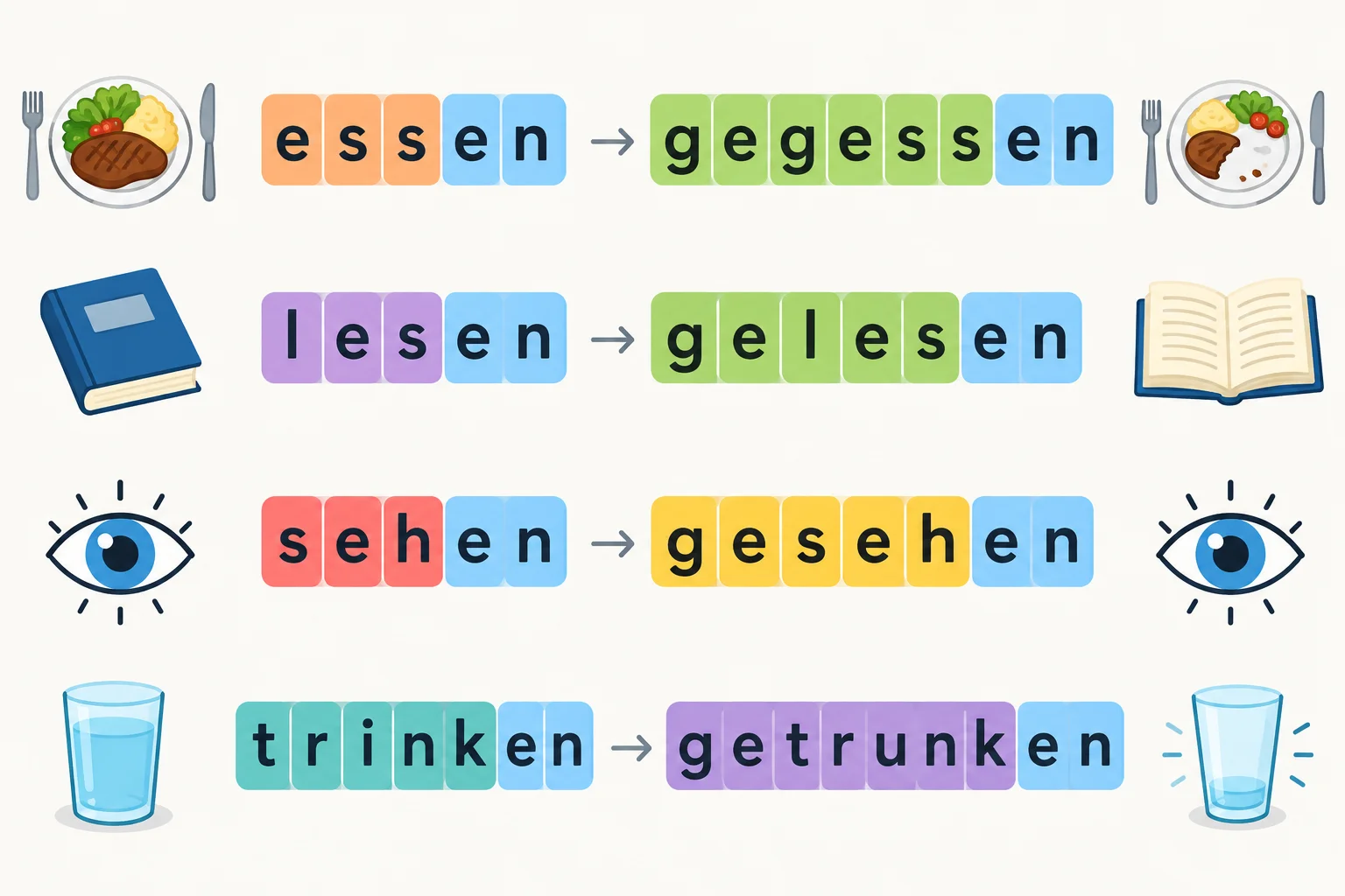 Diagrama comparando essen–gegessen, lesen–gelesen, sehen–gesehen e trinken–getrunken, com destaque visual para os radicais e a terminação -en.