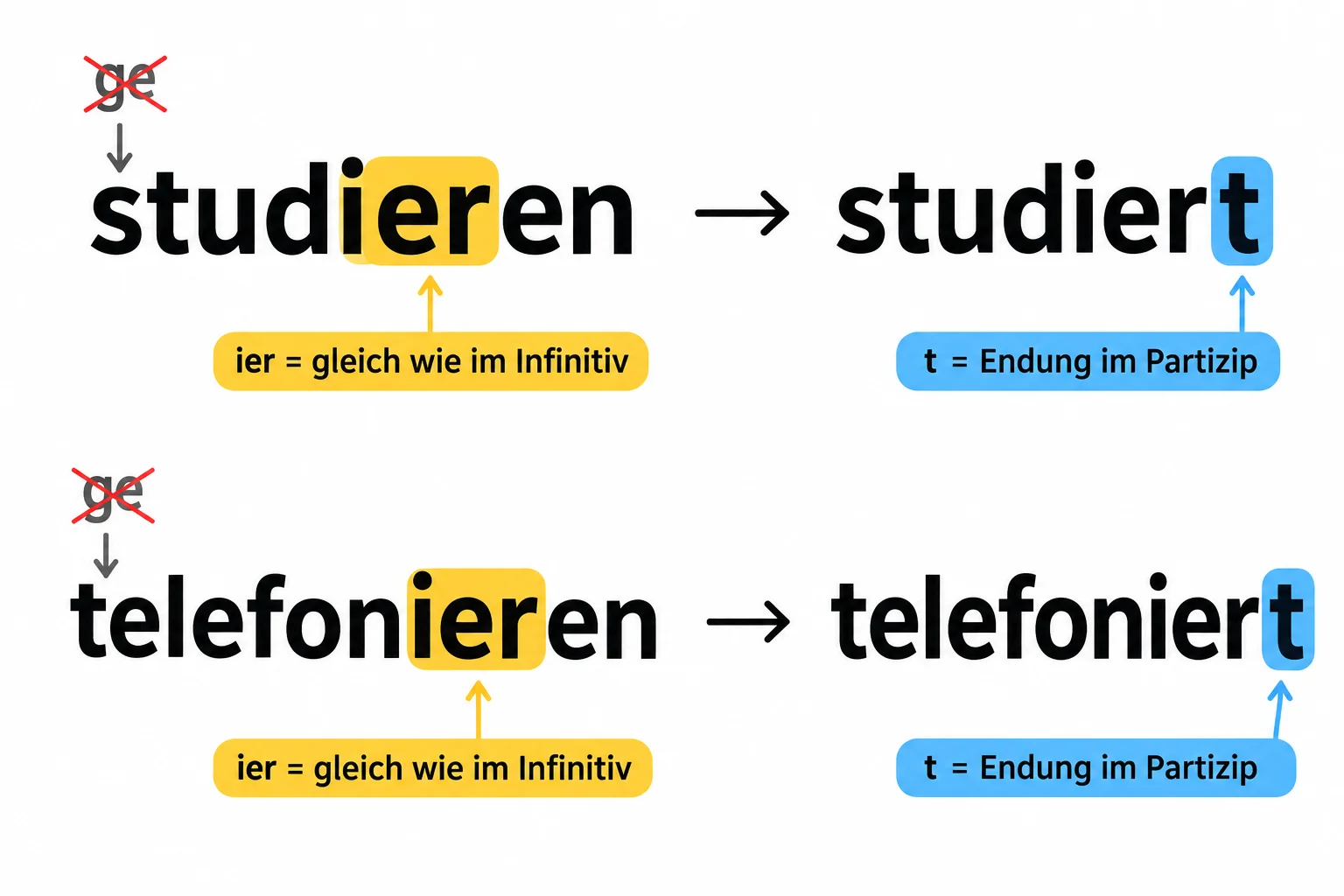 Esquema com os pares studieren–studiert e telefonieren–telefoniert, destacando -ier- e o t final, sem ge-.