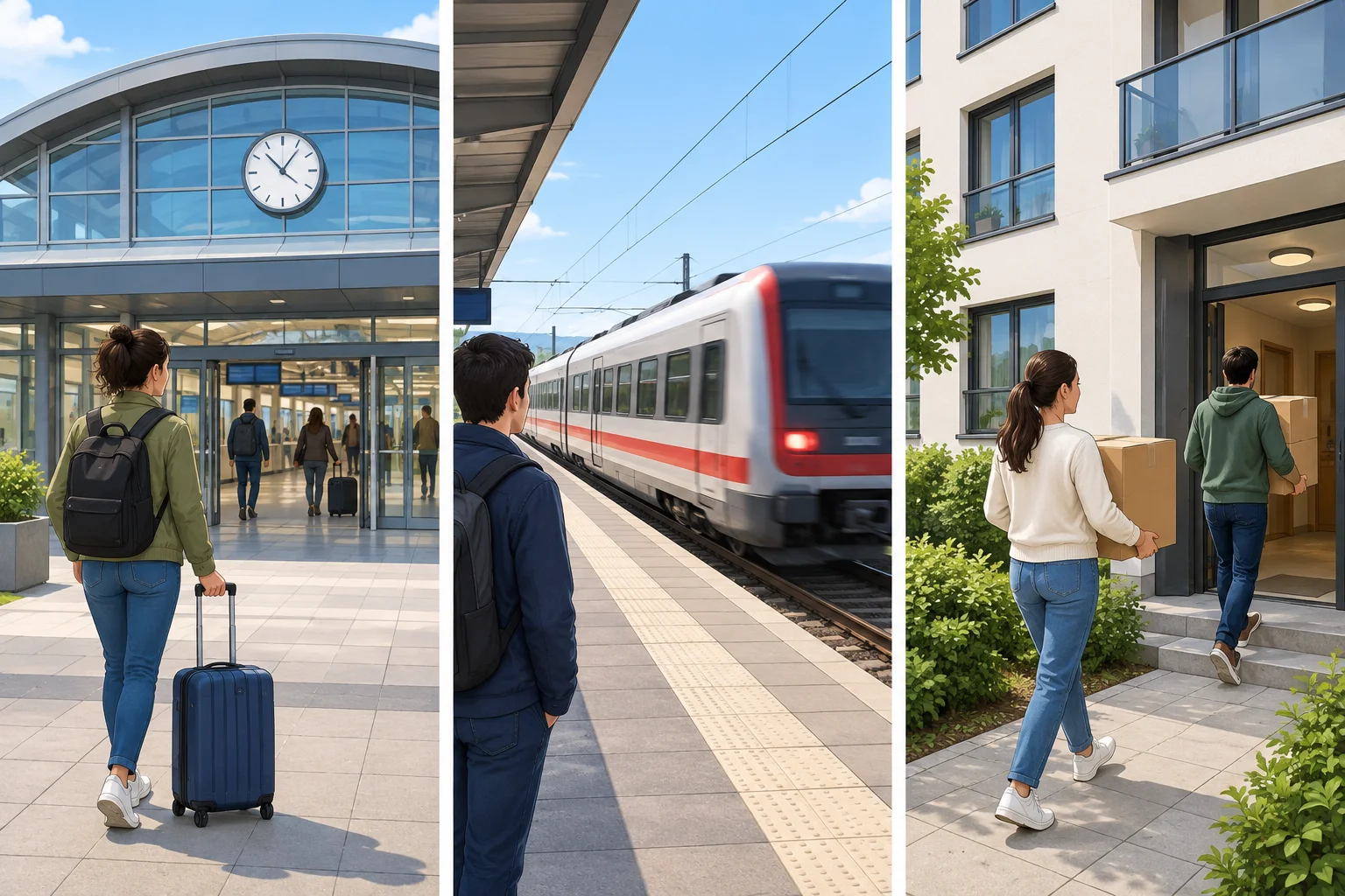 Três cenas: uma pessoa chegando à estação, um trem partindo e pessoas levando caixas para uma nova moradia.