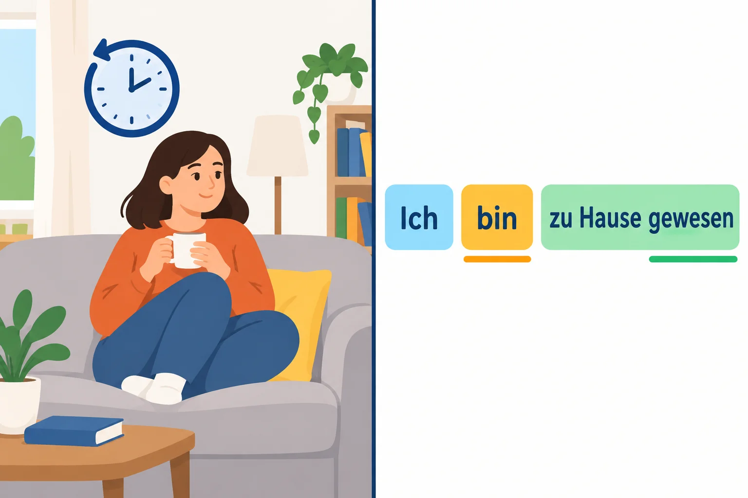 Diagrama da frase Ich bin zu Hause gewesen, com bin destacado como auxiliar e gewesen como particípio.