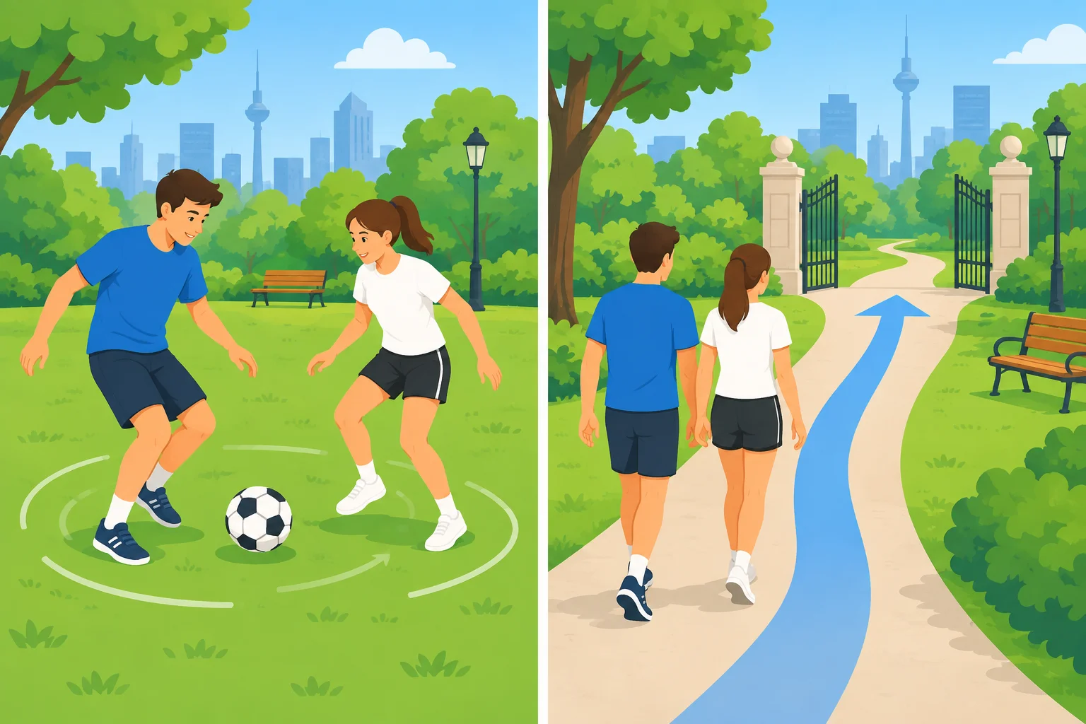 Comparação visual entre jogar dentro de um parque e caminhar até o parque.