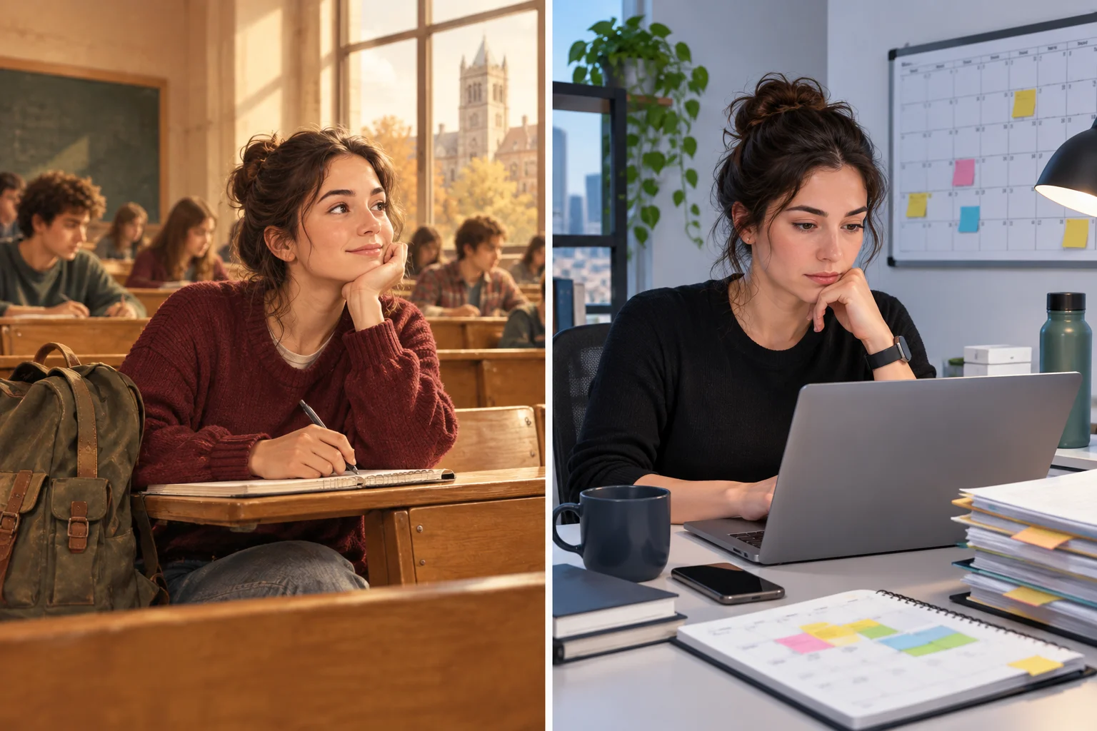 Comparação visual entre uma pessoa na época da universidade e a mesma pessoa hoje, trabalhando com menos tempo livre.