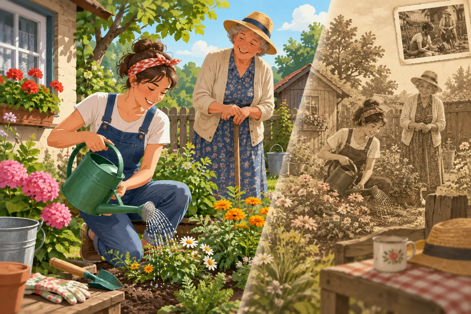Lena e sua avó em um pequeno jardim, com ferramentas de jardinagem.