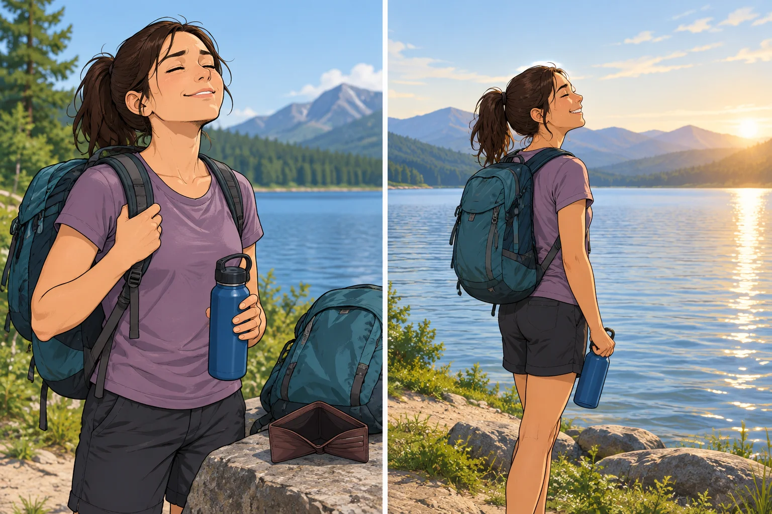 Uma mulher cansada e feliz perto de um lago, com mochila, garrafa de água e carteira vazia.
