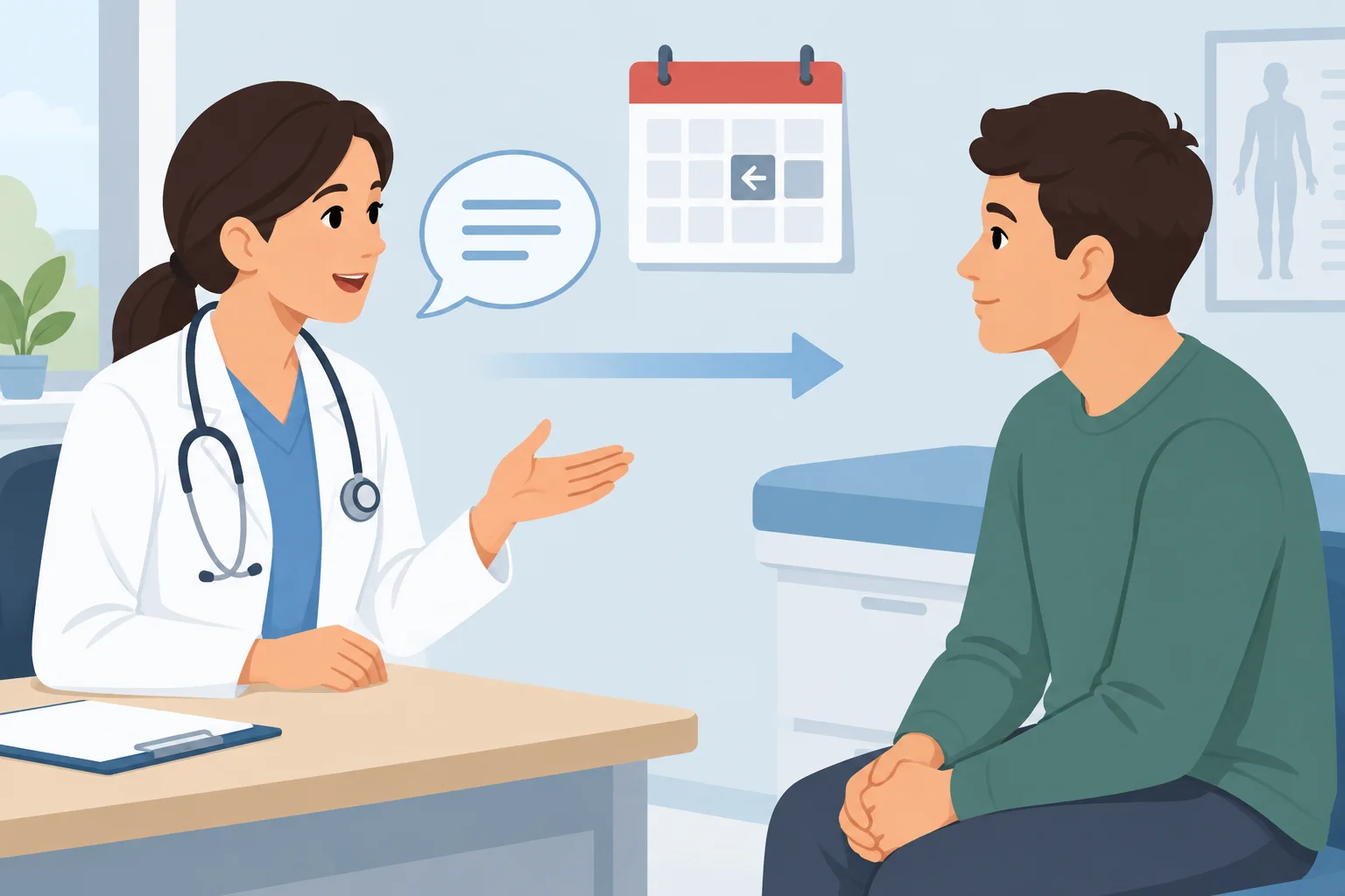 Uma médica orienta uma paciente; um calendário ao fundo indica que a orientação ocorreu ontem.
