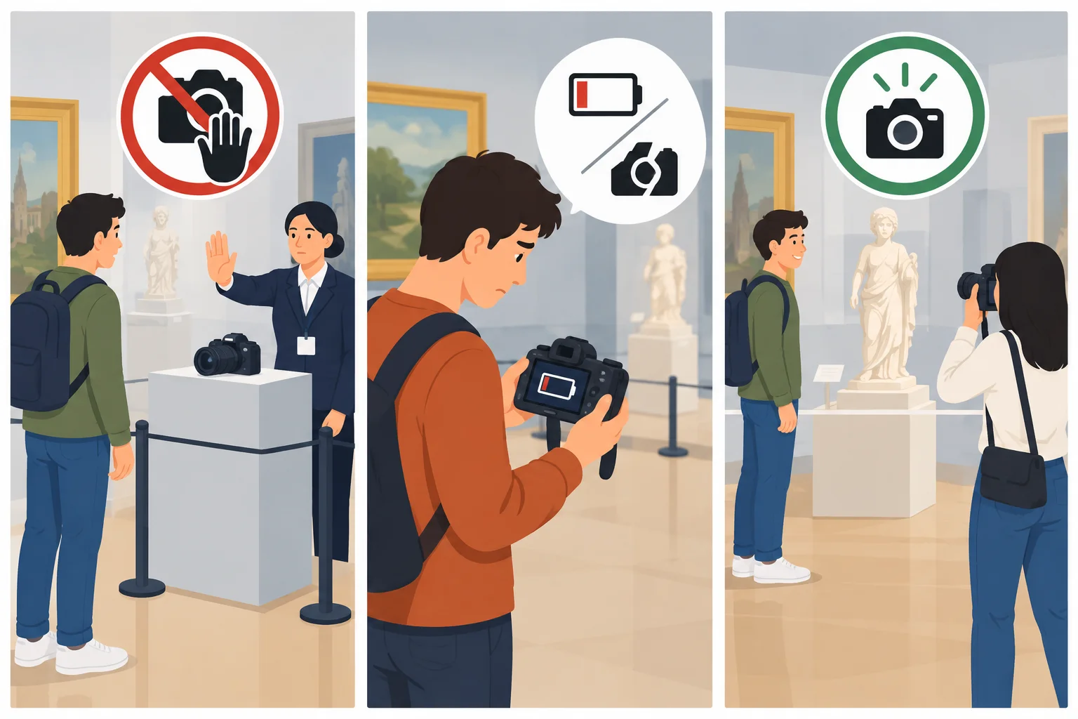 Comparação visual entre proibição de fotografar, impossibilidade de fotografar e ausência de obrigação de fotografar.