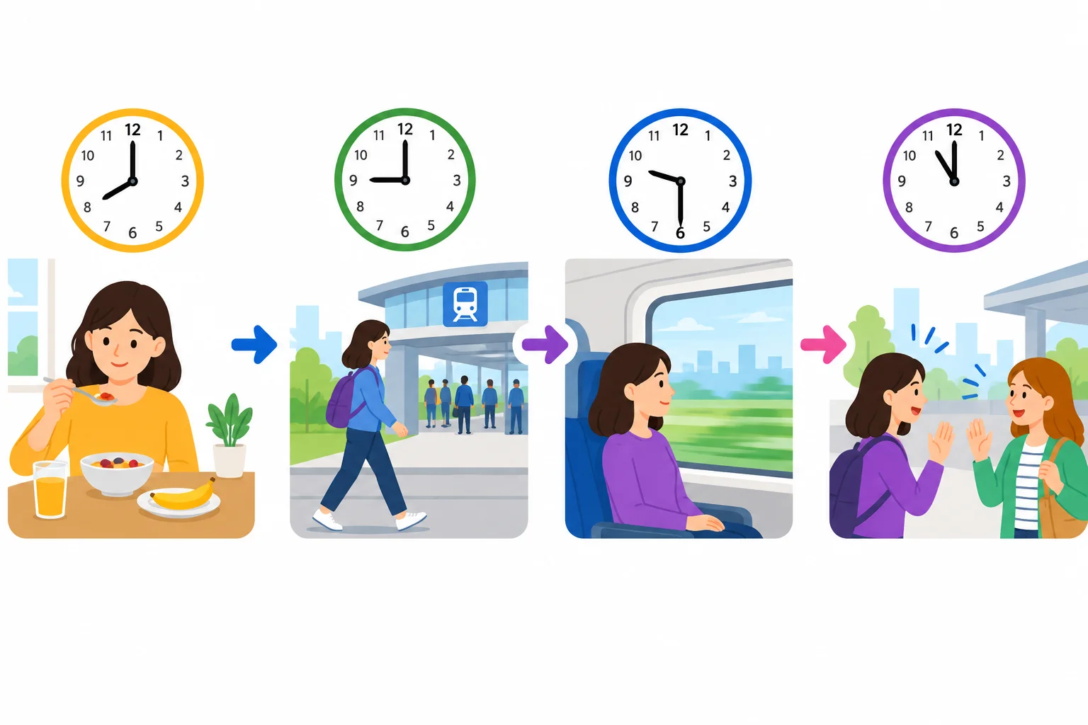 Linha do tempo com café da manhã às 8h, ida à estação às 9h, viagem de trem às 9h30 e encontro com uma amiga às 11h.