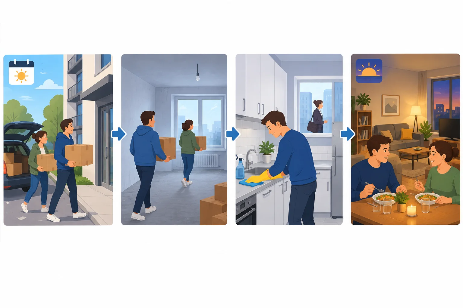 Linha do tempo em quatro cenas: chegada à nova moradia, caixas sendo carregadas, limpeza da cozinha e refeição juntos; o apartamento aparece vazio e frio no início e mais acolhedor no final.