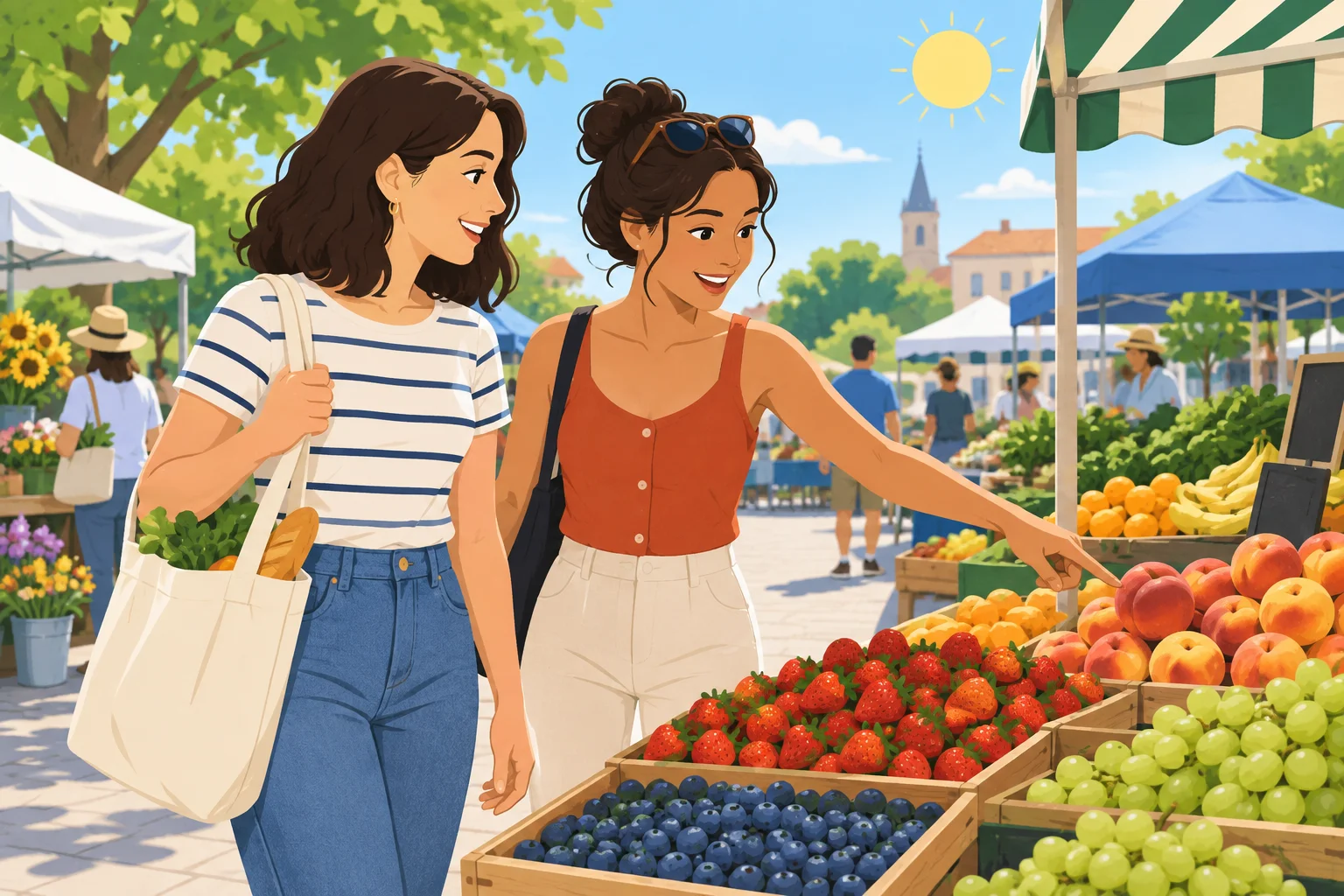Duas amigas em uma feira ao ar livre, em uma tarde ensolarada, com uma sacola de compras.