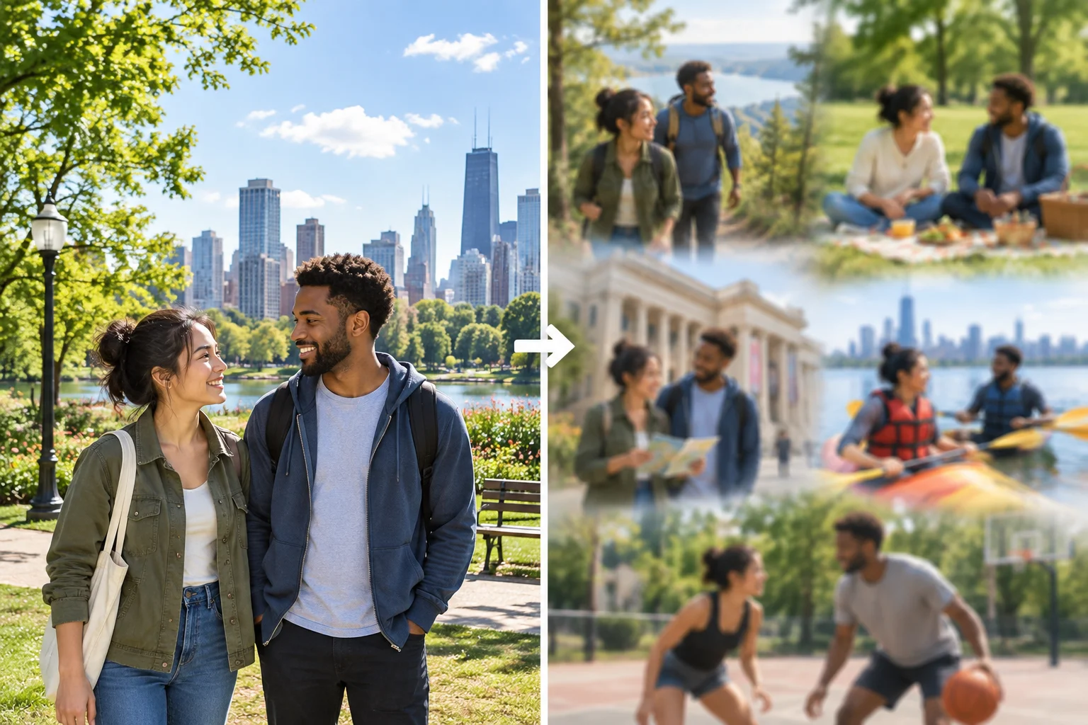 Comparação visual entre uma cena que mostra o contexto de um passeio no parque e uma cena com ações começando.