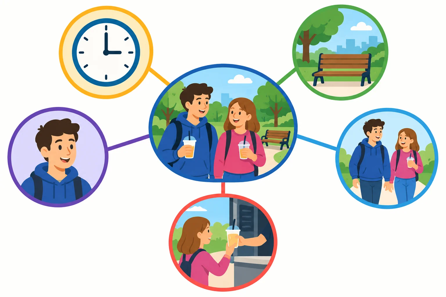 Um episódio no centro ligado a cinco tipos de informação: momento, lugar, participante, companhia e ação.