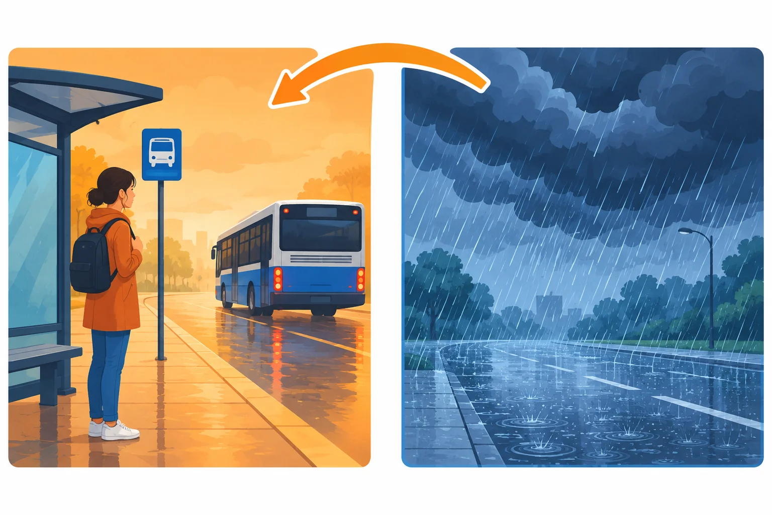 Esquema com uma pessoa no ponto de ônibus e chuva forte como causa relacionada.