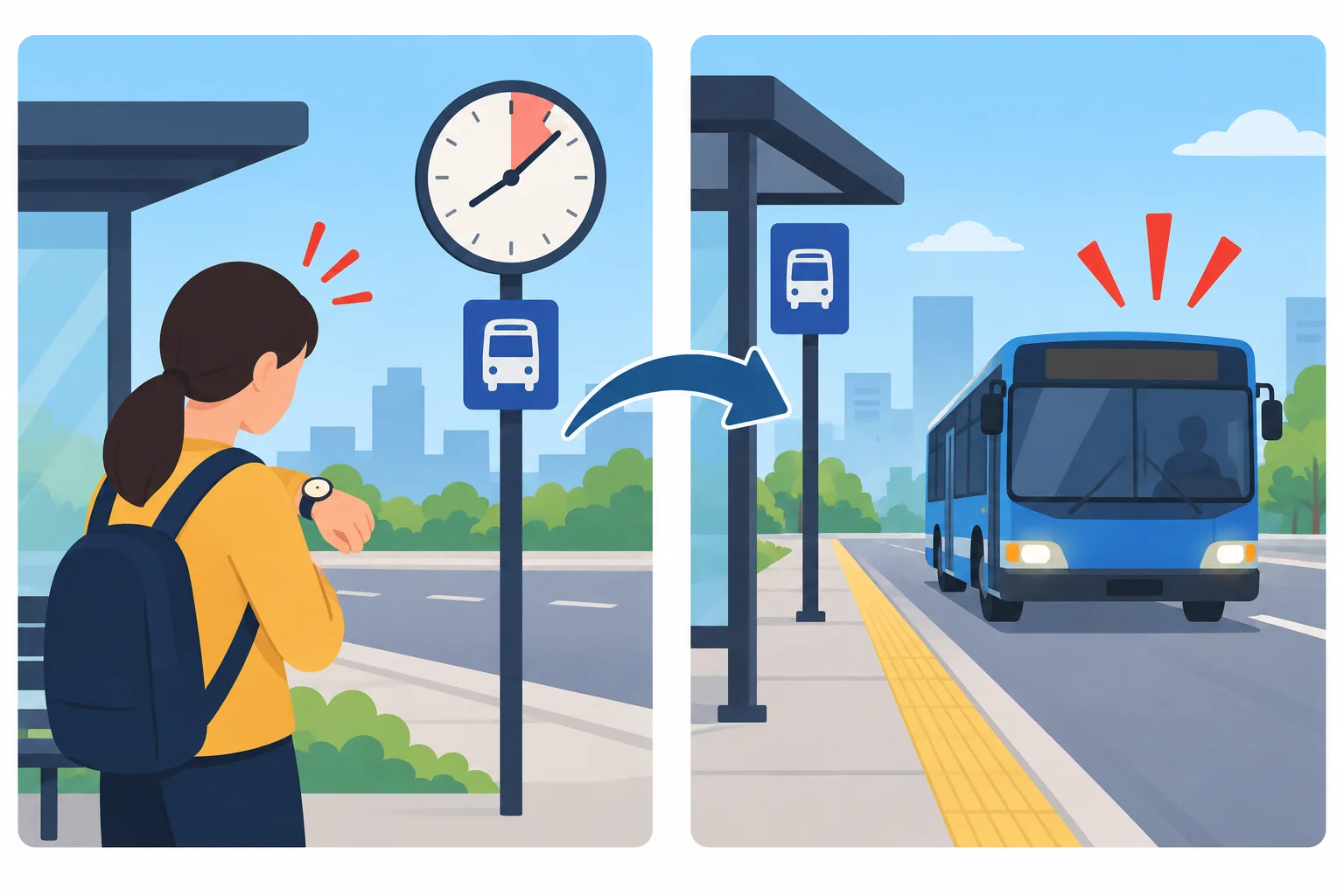 Esquema em dois painéis: uma pessoa chega mais tarde e um ônibus chega atrasado, mostrando situação e motivo.