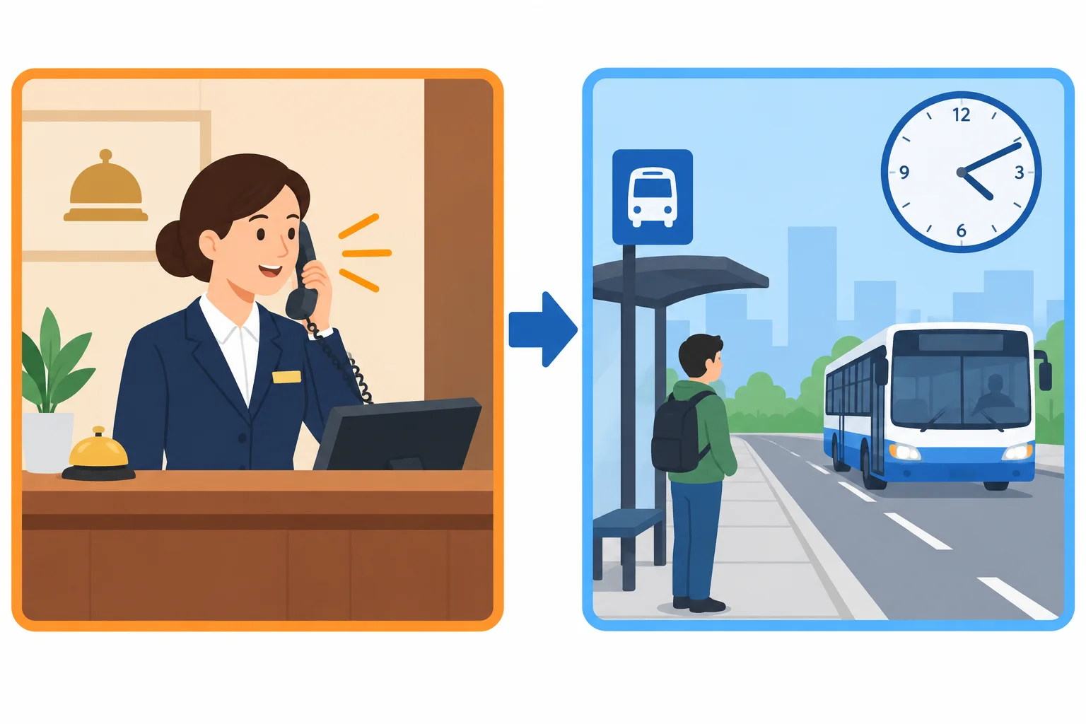 Esquema com uma recepcionista como fonte da fala e, em outro quadro, um ônibus chegando mais tarde.