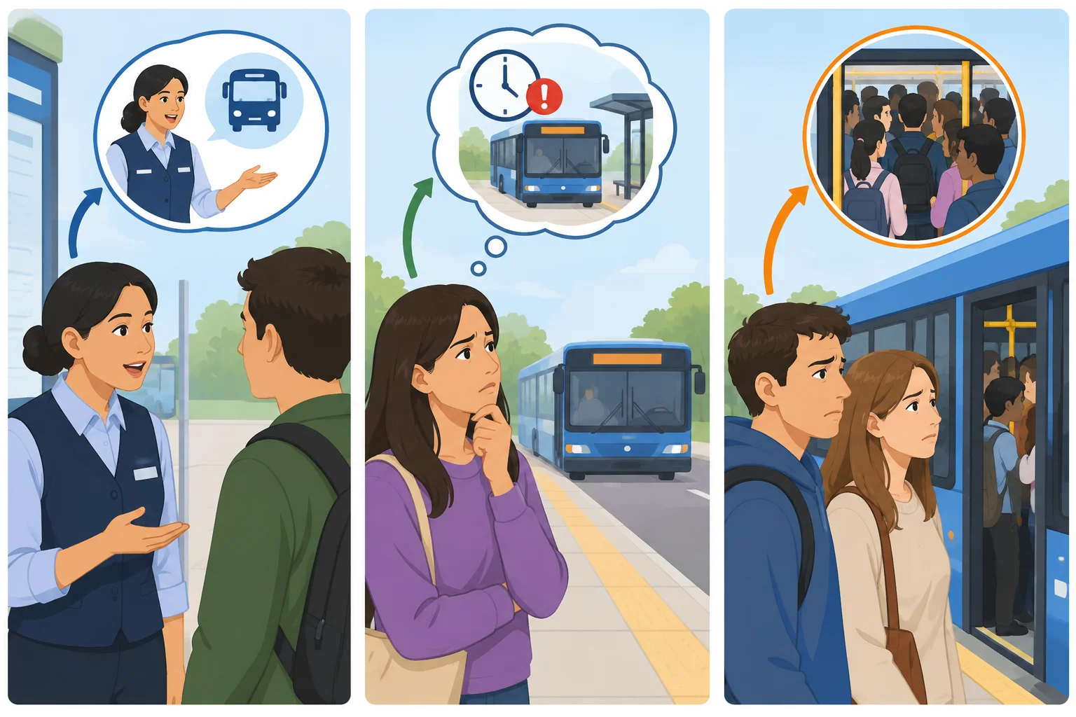 Três situações lado a lado: uma pessoa informa algo, outra supõe algo e duas pessoas avaliam um ônibus lotado.