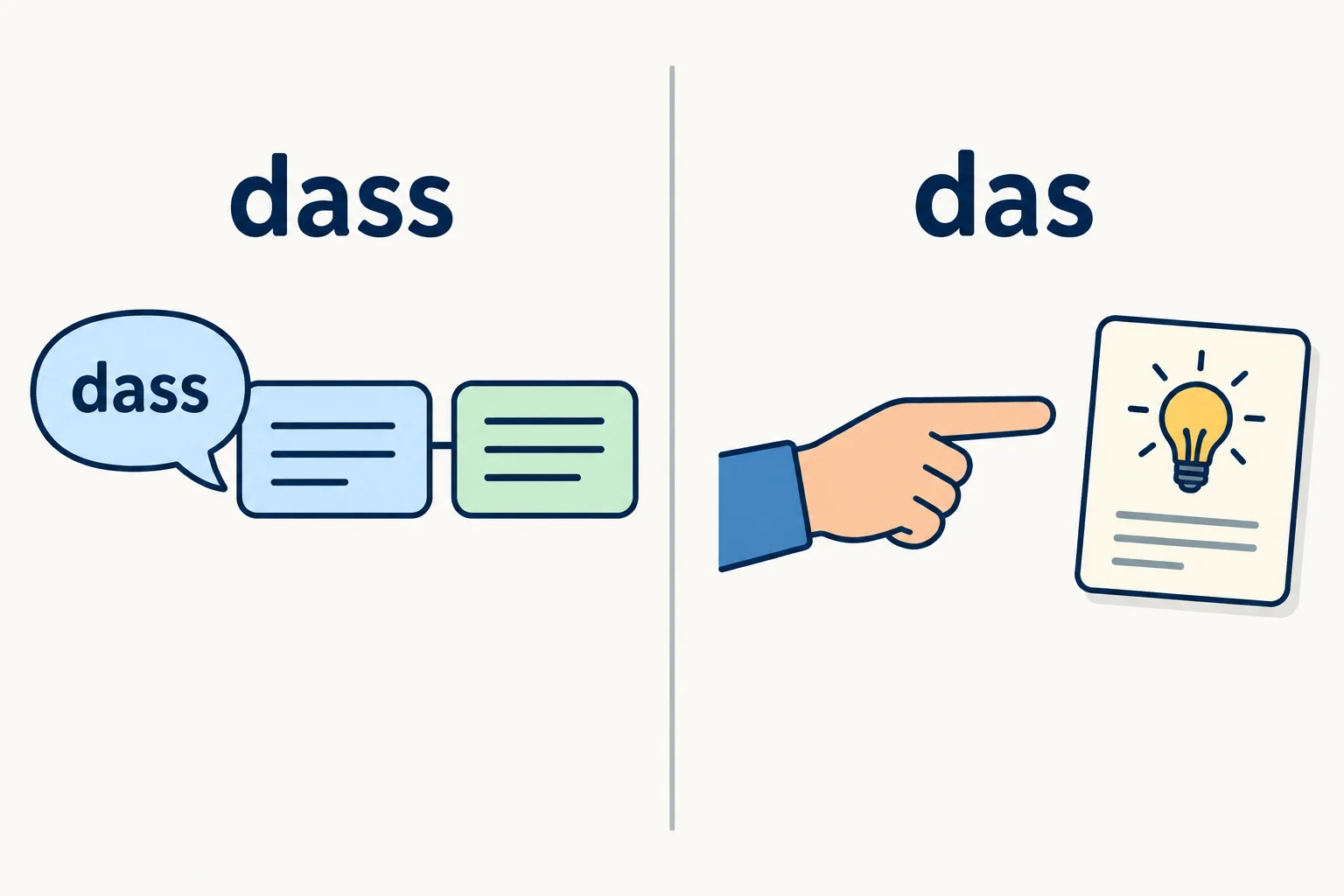 Comparação visual: dass conecta uma fala ao seu conteúdo; das aponta para algo ou retoma uma ideia.
