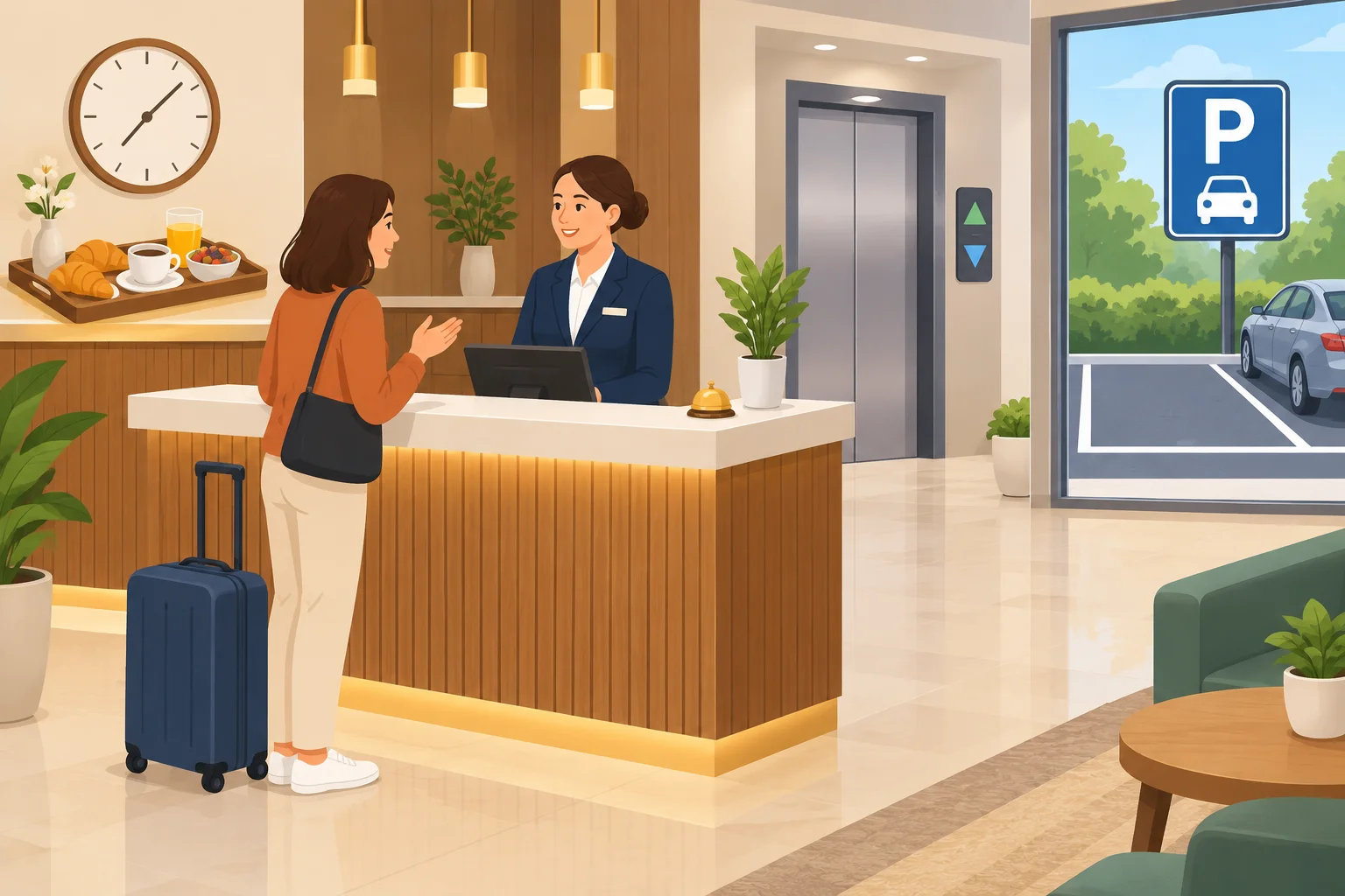 Cena de recepção de hotel com pistas visuais para café da manhã, elevador e estacionamento.