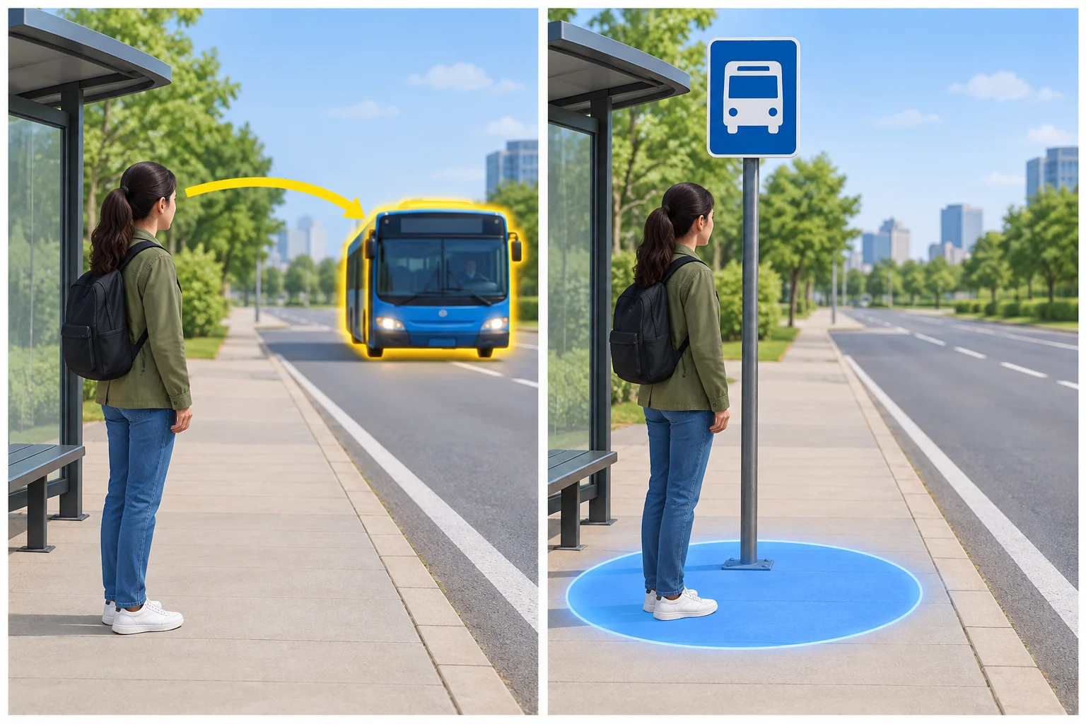 Comparação visual entre o ônibus que uma pessoa espera e o ponto onde ela está esperando.