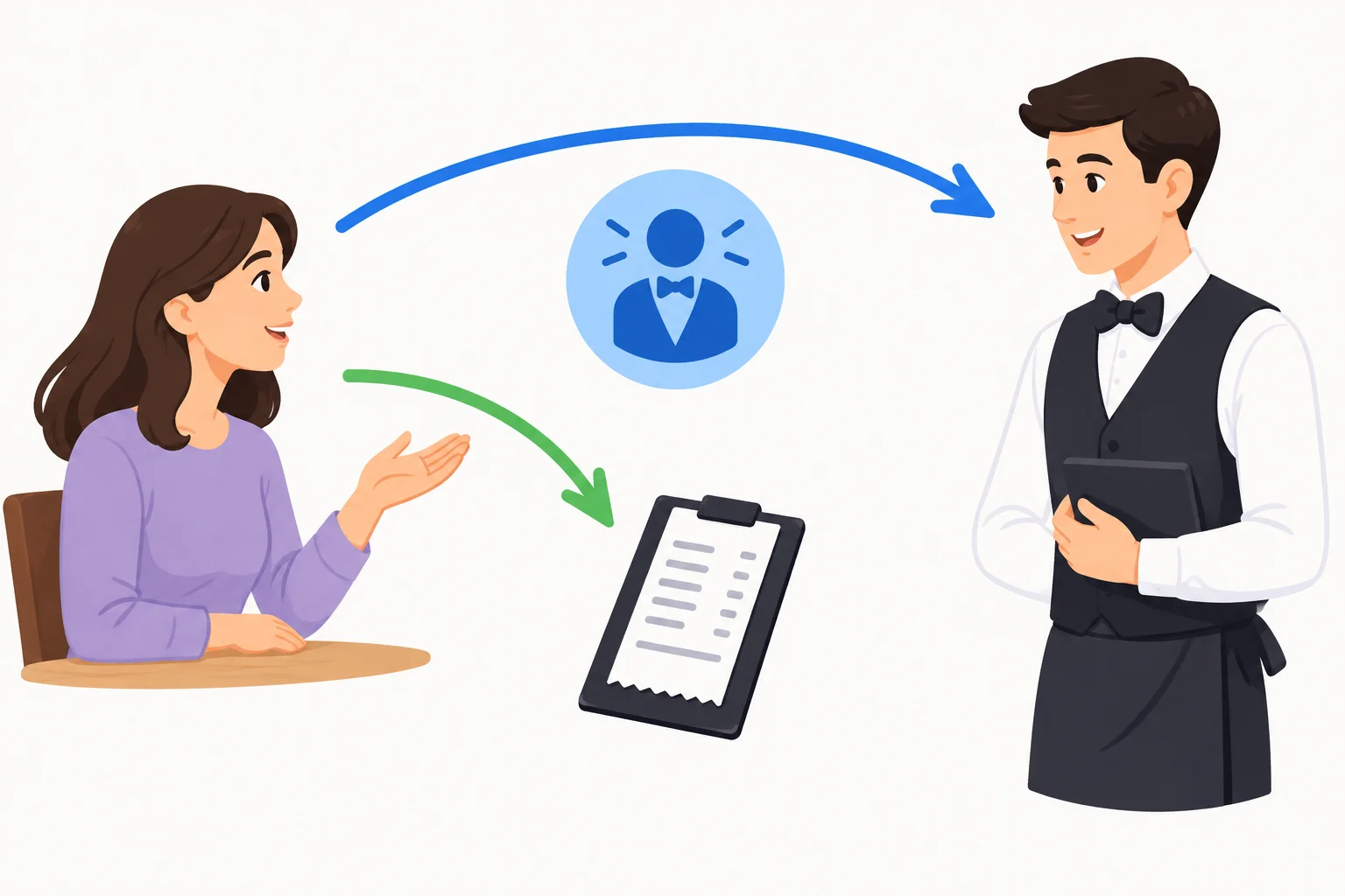 Esquema com uma pessoa fazendo um pedido a um atendente e indicando o item solicitado.