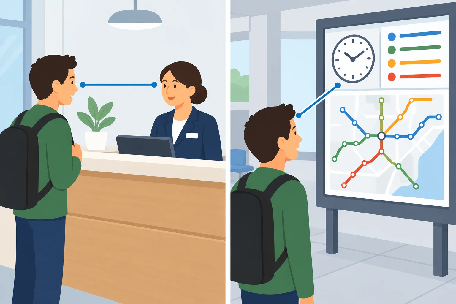 Comparação visual entre falar com uma recepcionista e procurar uma informação em um painel.