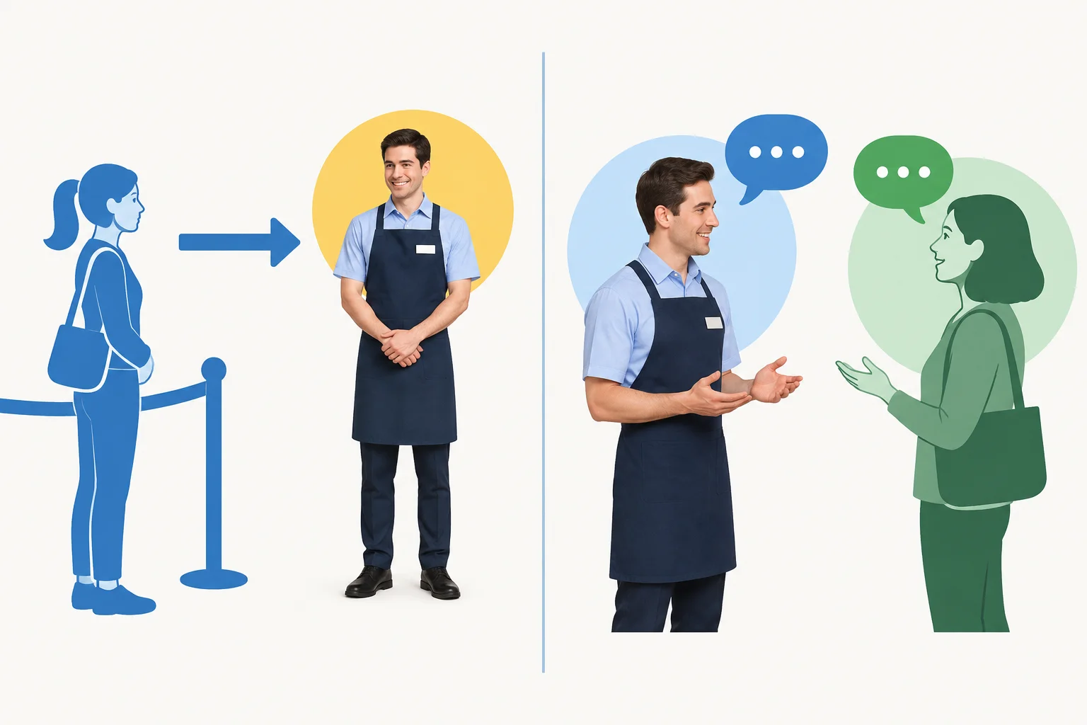 Diagrama dividido mostrando um funcionário como pessoa esperada em um lado e como interlocutor de uma conversa no outro.