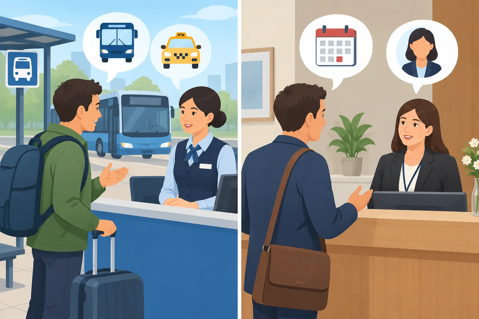 Ilustração dividida entre uma situação de transporte e uma recepção, com ônibus, táxi, horário marcado e atendente como alvos claros das solicitações.
