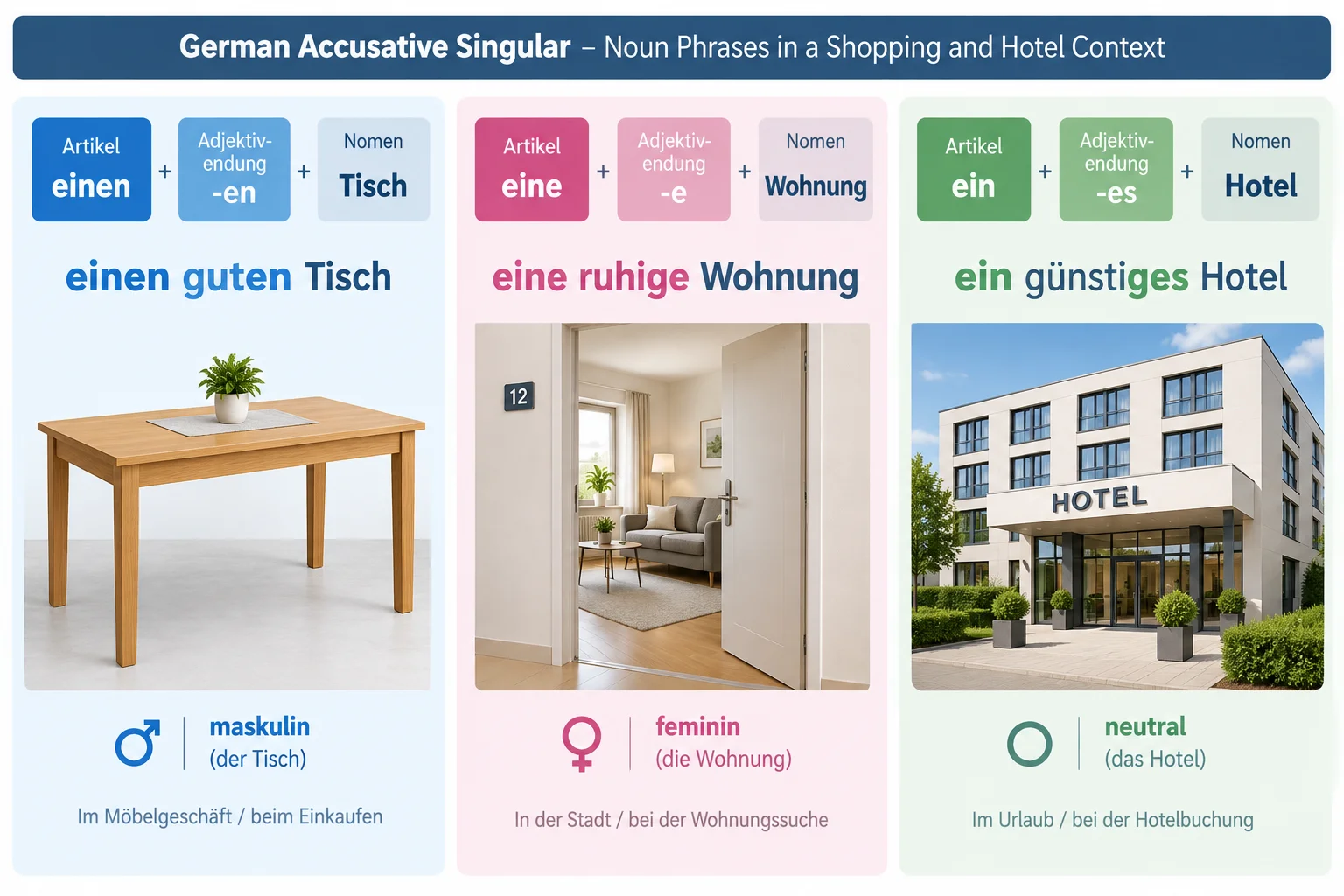 Comparação visual entre einen guten Tisch, eine ruhige Wohnung e ein günstiges Hotel.