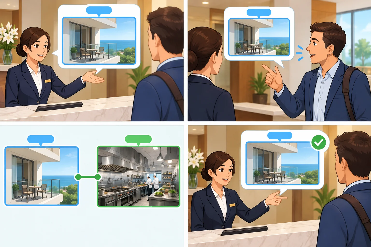 Sequência visual de atendimento: apresentação de uma varanda, pedido da pessoa, detalhe de uma cozinha e confirmação da mesma varanda.