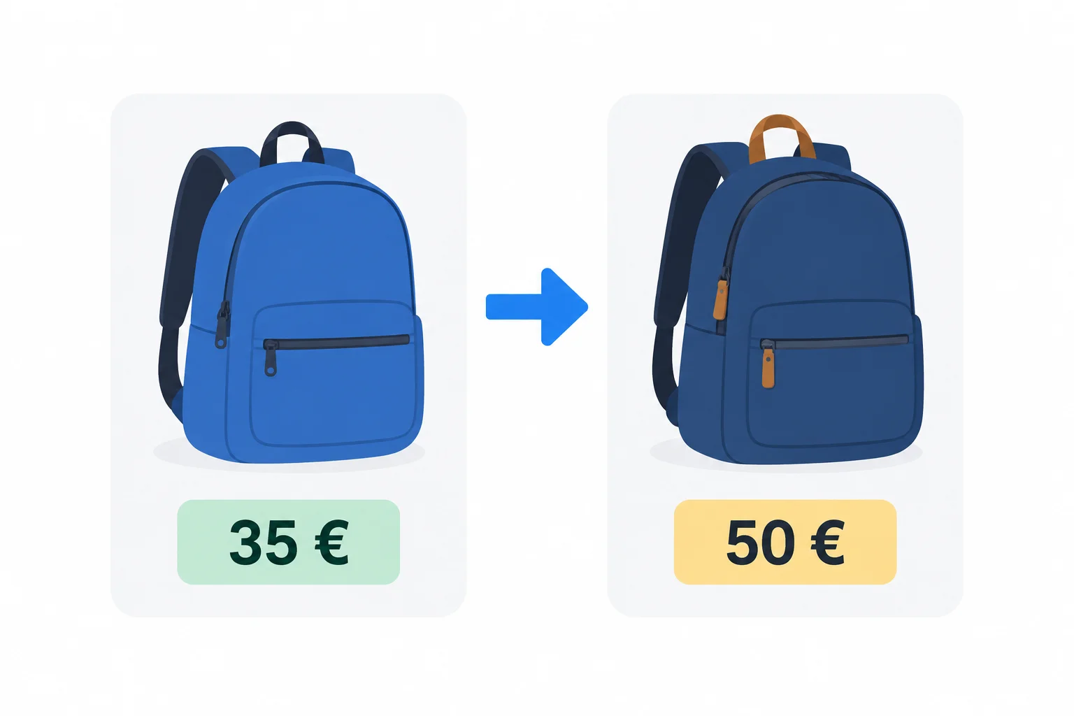 Dois mochilas com preços de 35 e 50 euros, mostrando qual é mais barata.