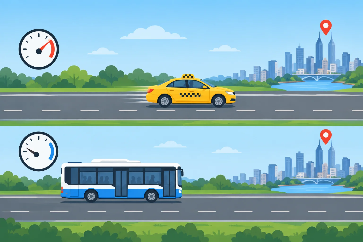 Um táxi à frente de um ônibus no mesmo percurso, representando que o táxi é mais rápido.
