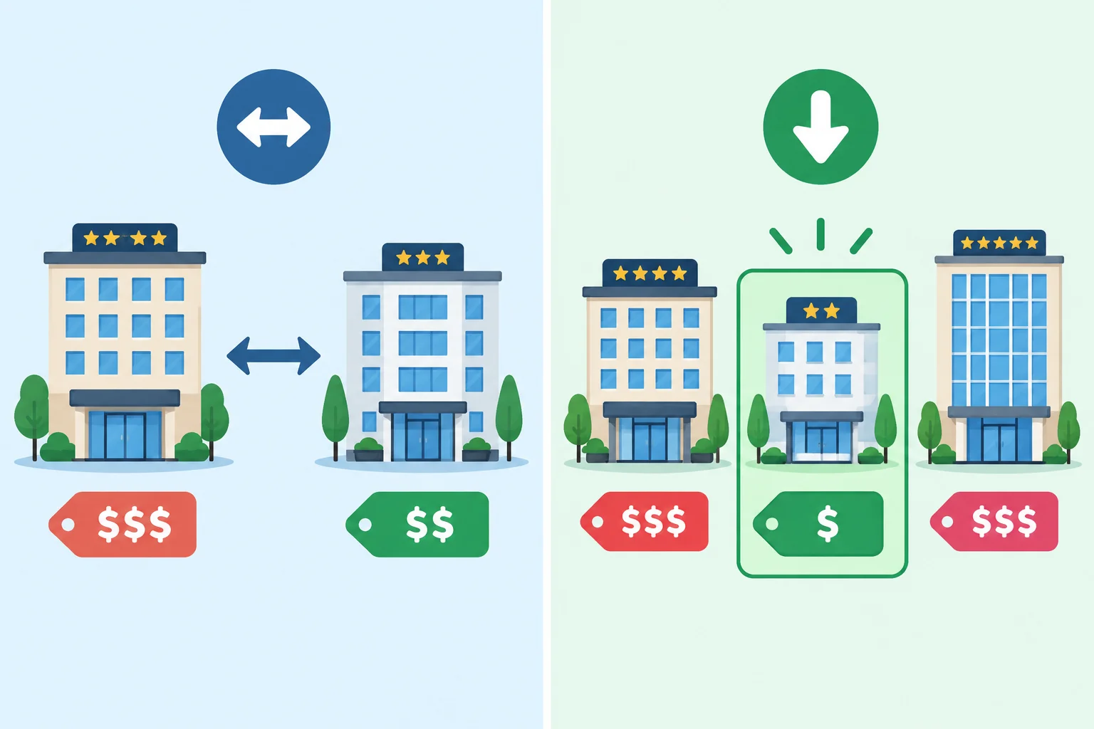 Comparação entre dois hotéis de um lado e seleção do hotel mais barato entre três do outro.