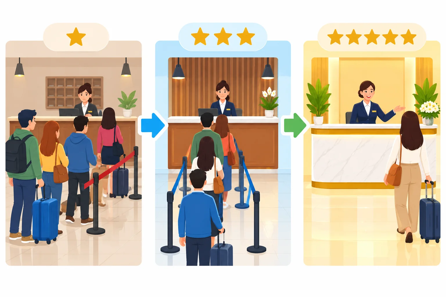 Três recepções de hotel representam qualidade crescente de serviço; a terceira é a melhor entre as três.