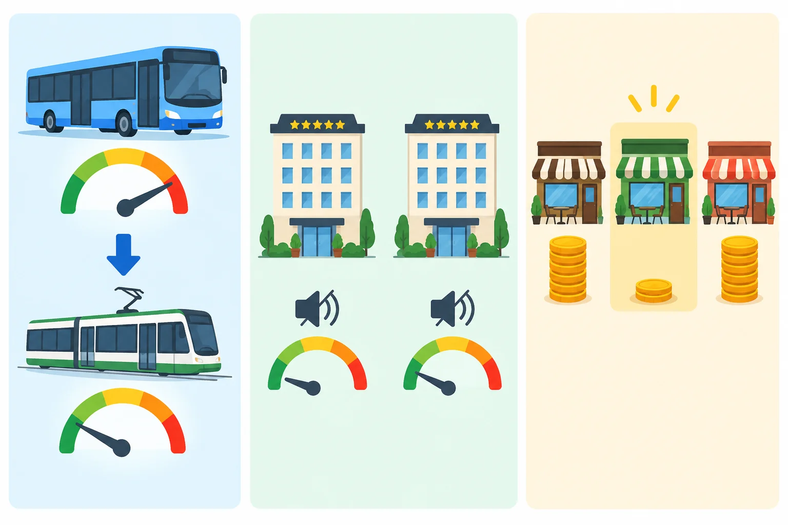 Esquema visual com um ônibus mais rápido que um bonde, dois hotéis igualmente silenciosos e três cafés, dos quais um tem o menor preço.