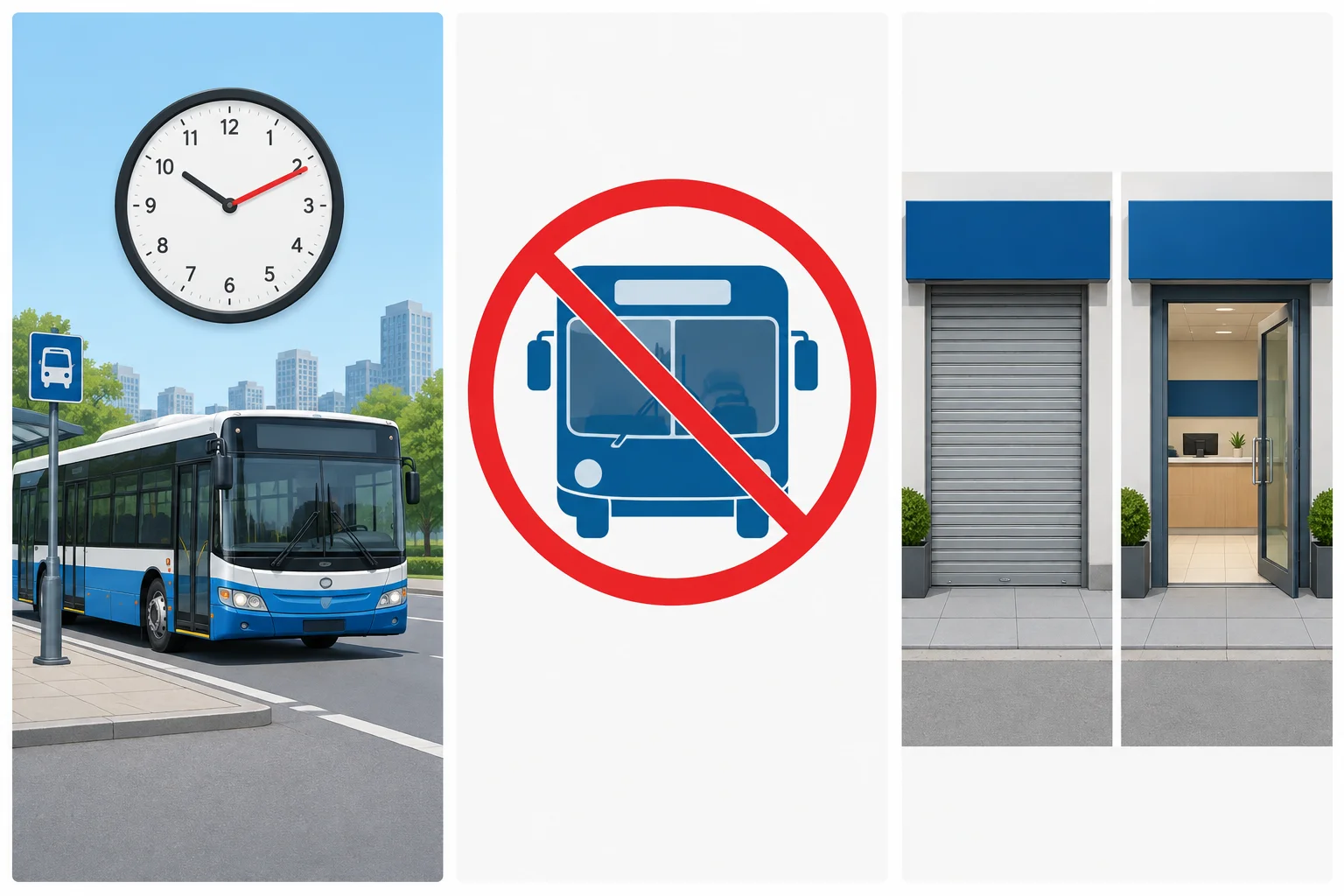 Comparação visual entre um ônibus atrasado, um ônibus cancelado e uma recepção fechada.