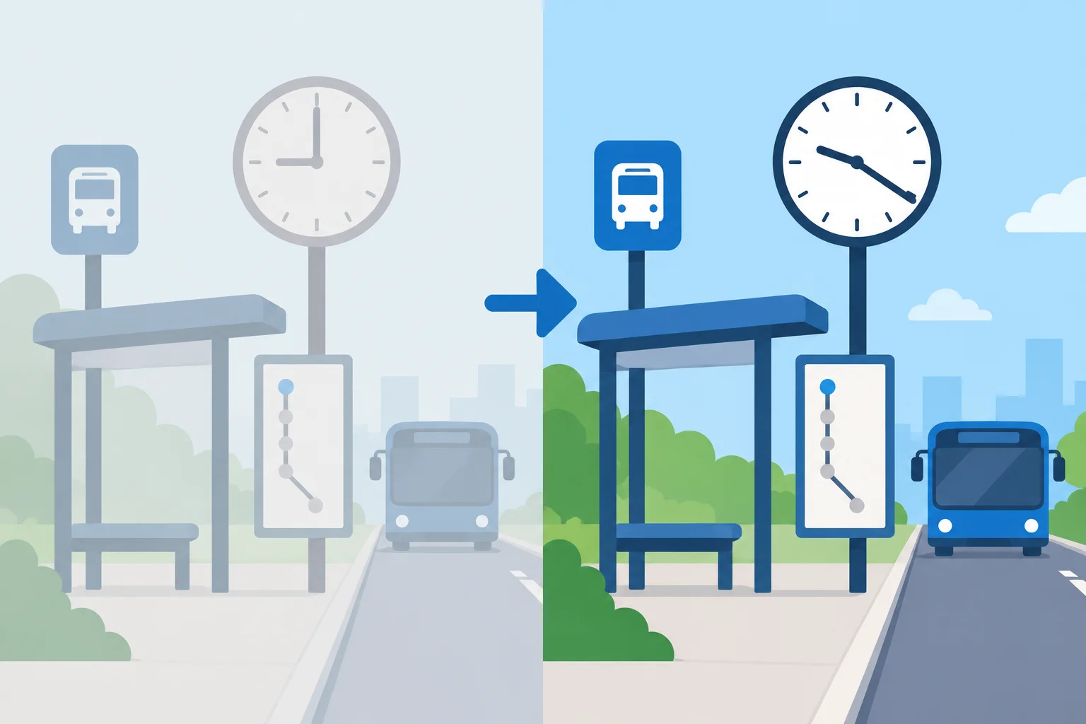 Esquema com o mesmo ônibus passando de um horário antigo, 9h, para um horário atualizado, 9h20.