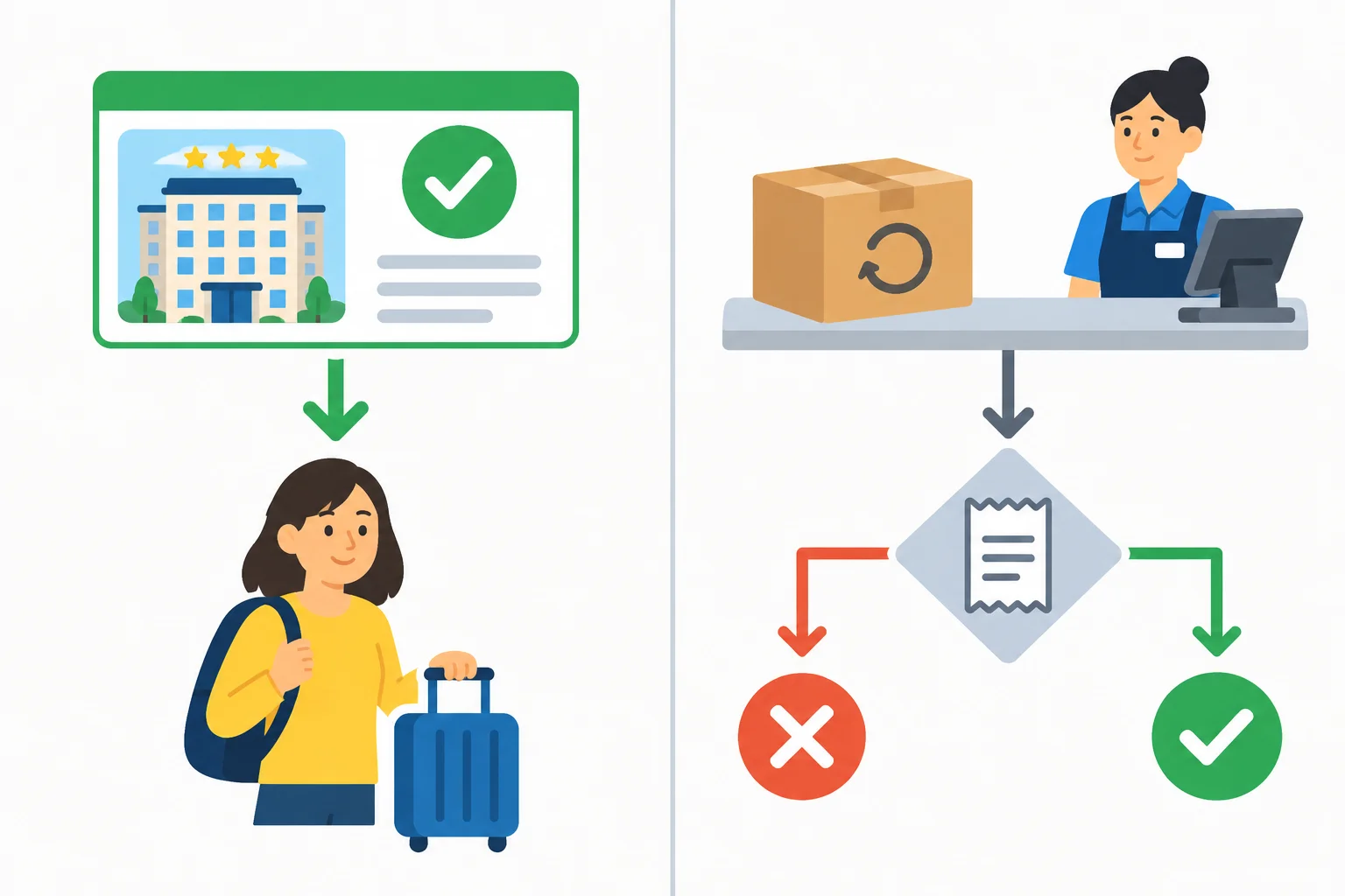 Comparação entre uma reserva já confirmada e uma troca que depende da apresentação de um comprovante.