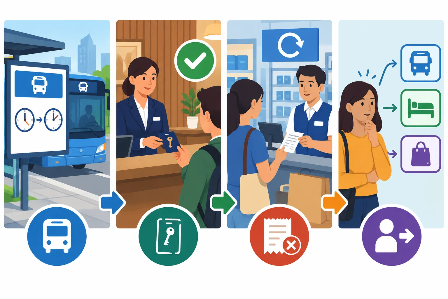 Esquema visual com transporte, hospedagem e compras, mostrando que uma informação sobre mudança ou condição leva a uma ação adequada.