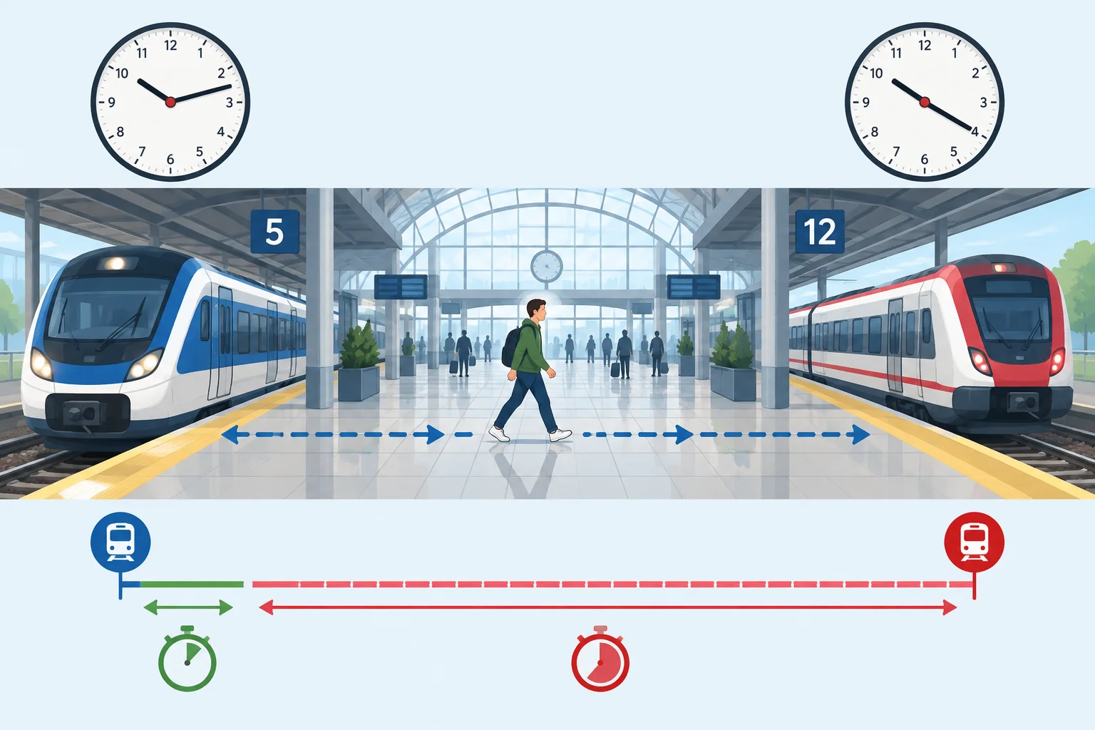 Linha do tempo de uma conexão: chegada em uma via, deslocamento pela estação e saída por outra via, com pouco tempo disponível.