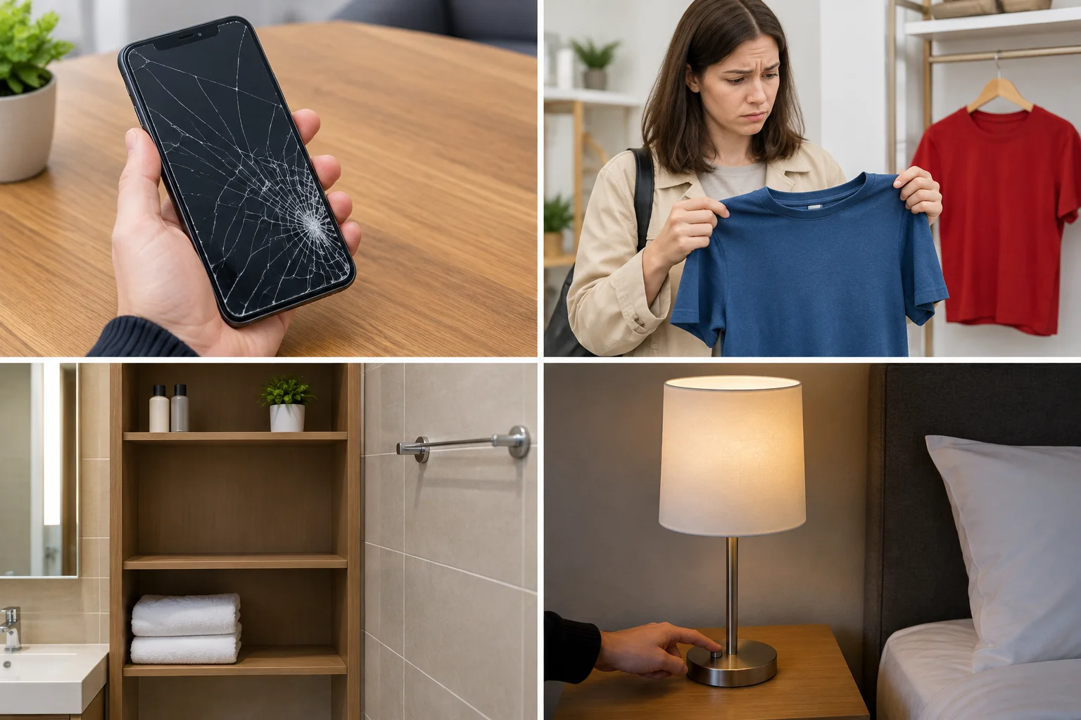 Ilustração em quatro partes: celular quebrado, camiseta errada, toalha ausente e luminária que não acende.
