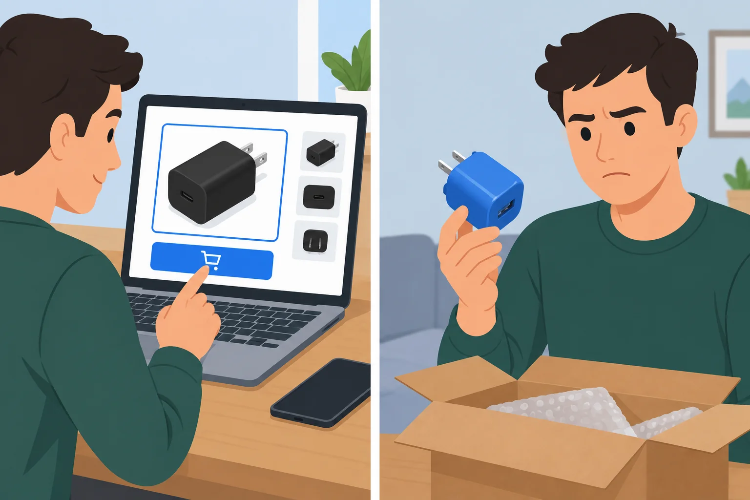 Comparação entre um carregador preto escolhido no pedido e um carregador azul recebido pelo cliente.