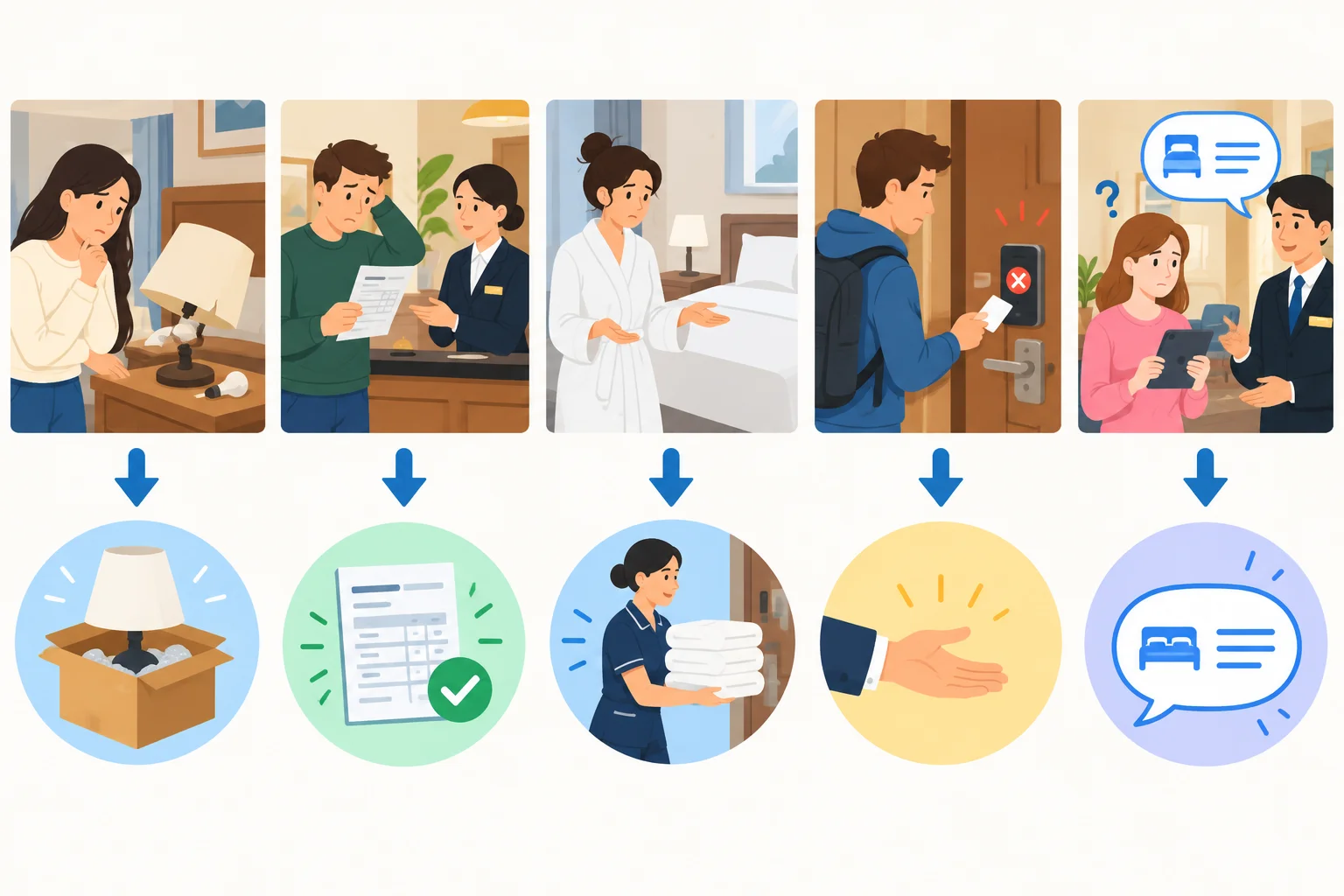 Cinco problemas de atendimento ligados visualmente às respectivas ações: trocar, corrigir, trazer, ajudar e explicar.