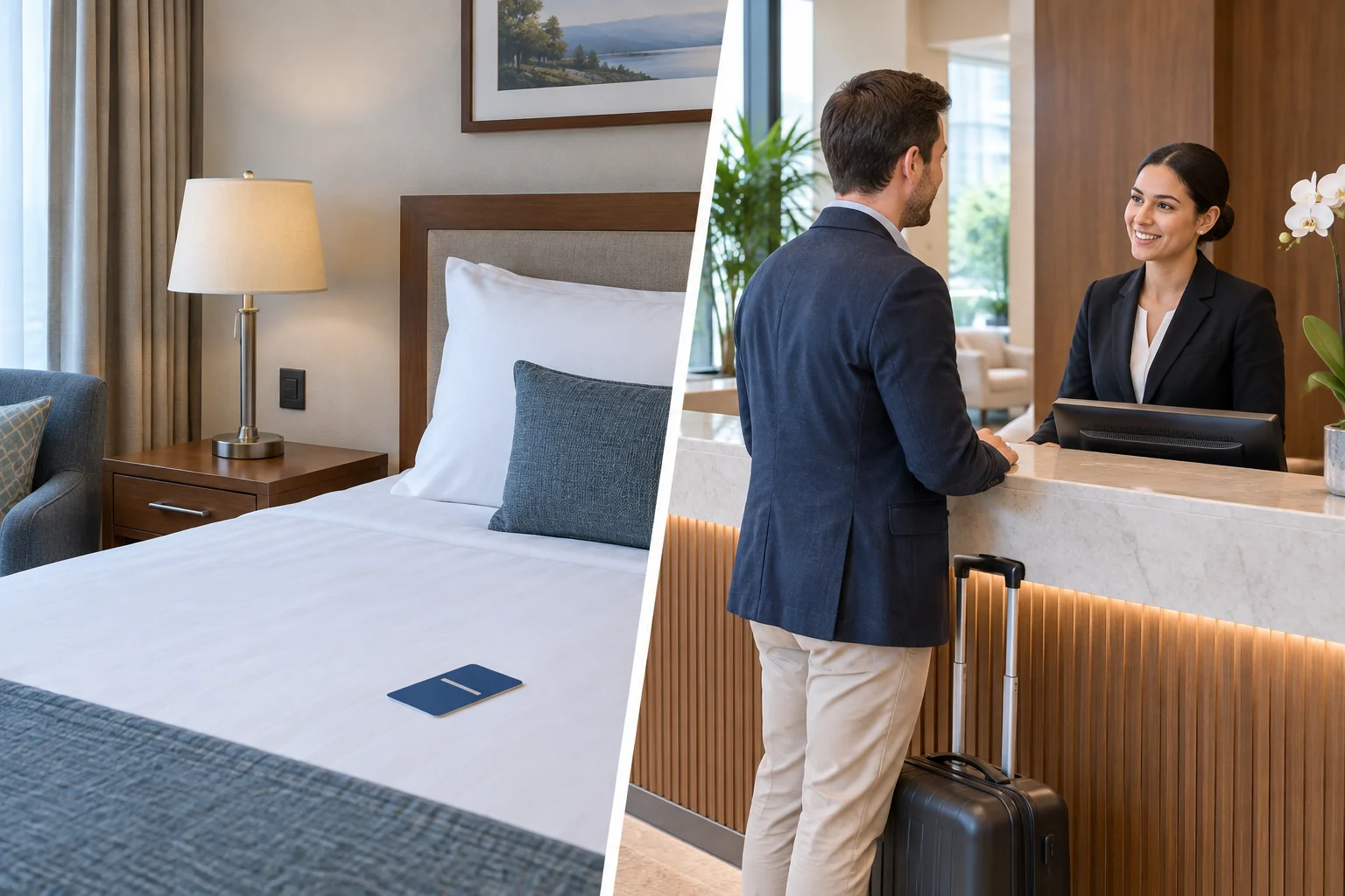 Quarto de hotel com uma luminária que não acende e um hóspede falando com a recepção.