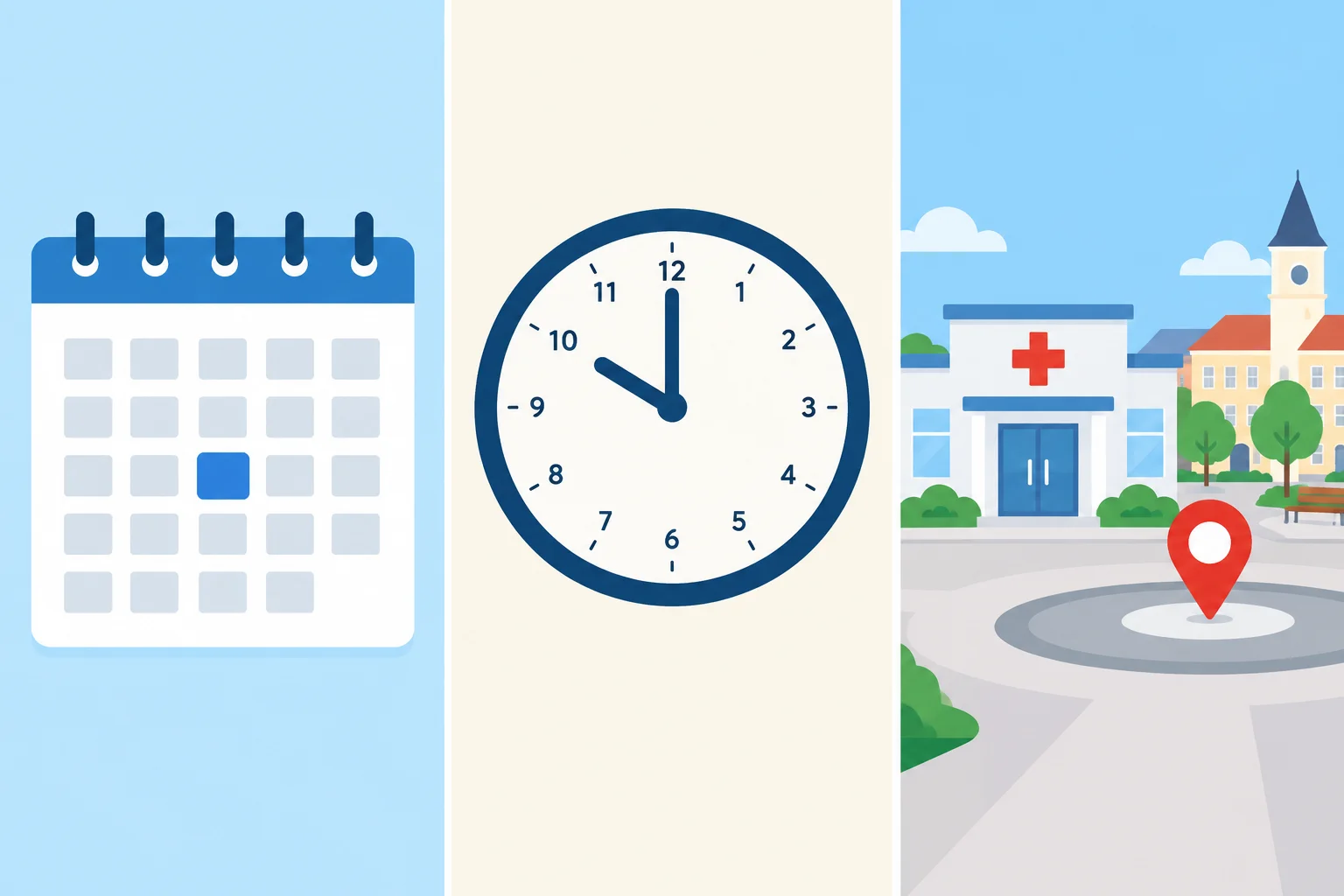 Esquema visual com calendário, relógio marcando dez horas e prédio de consultório, representando dia, horário e local de uma consulta.