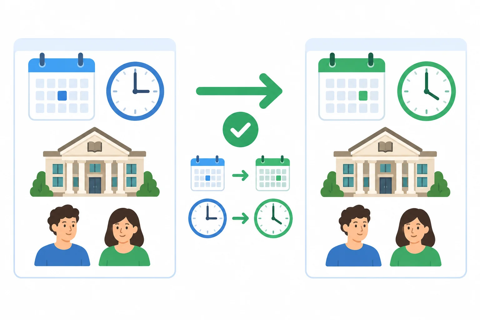 Comparação visual entre um compromisso original e um registro atualizado: permanecem a atividade, as pessoas e o local; mudam somente o dia e o horário.