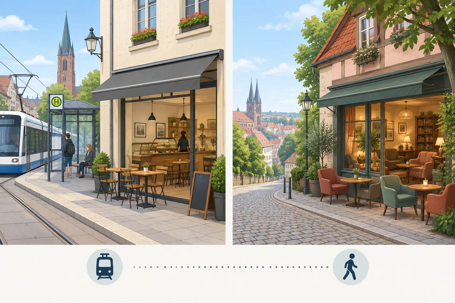 Comparação visual entre dois cafés: o Café A fica perto de um ponto de bonde; o Café B tem poltronas confortáveis e fica mais distante.