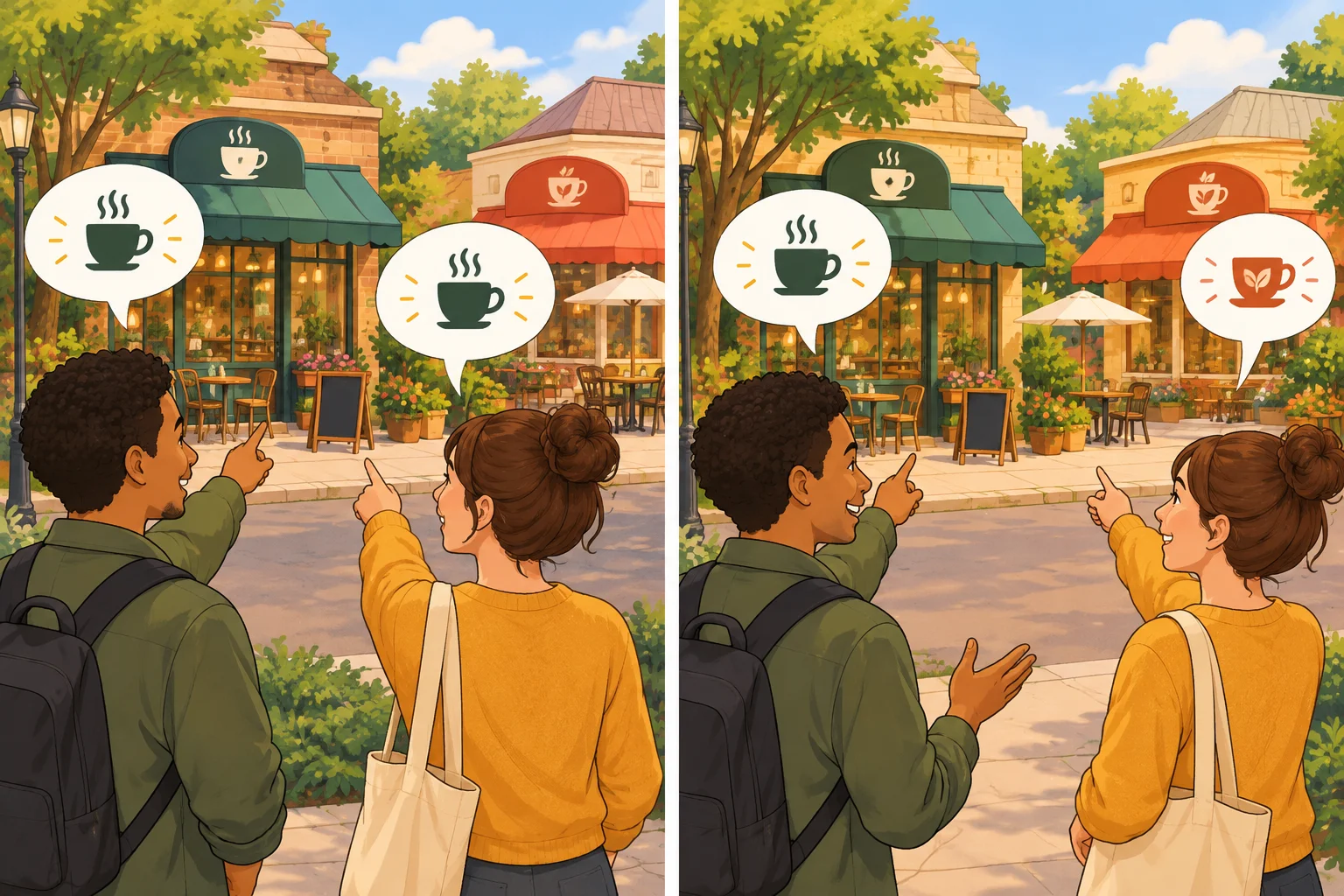 Comparação visual entre concordar sobre a mesma opção e discordar de modo amigável sobre duas opções.