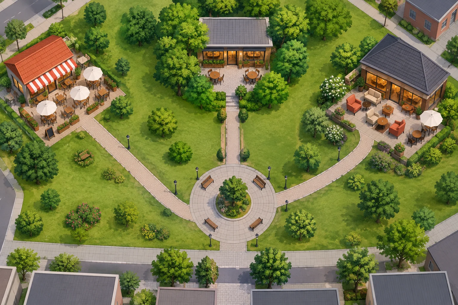 Esquema com três cafés a distâncias diferentes de um ponto de encontro: um distante, um bem próximo e um a distância média.